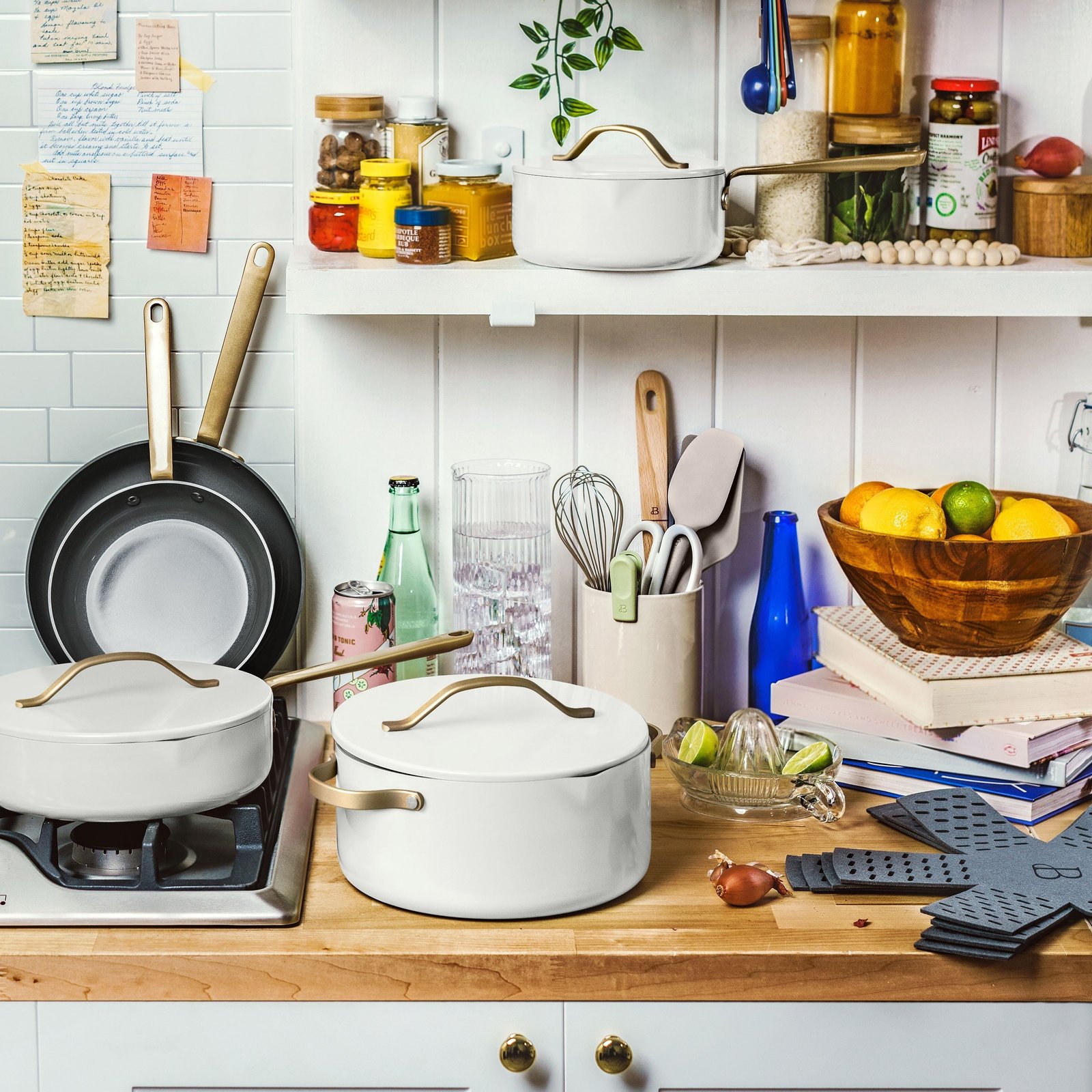 Beautiful 12-Piece Ceramic Nonstick Cookware Set, Pots and Pans with Strainer Lids, White Icing by Drew Barrymore