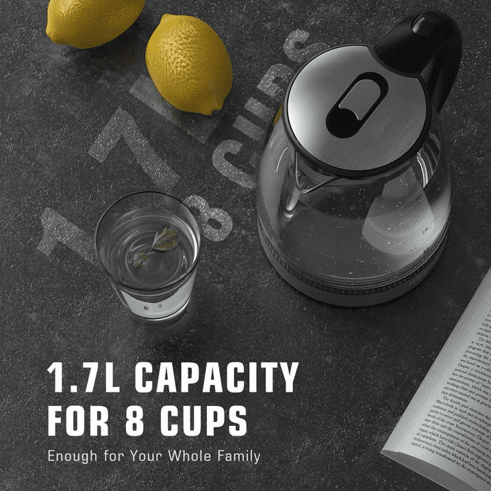 HadinEEon Electric Kettle 1.7L Glass Boiler Electric Tea Kettle with Blue LED Indicator Light, Silver