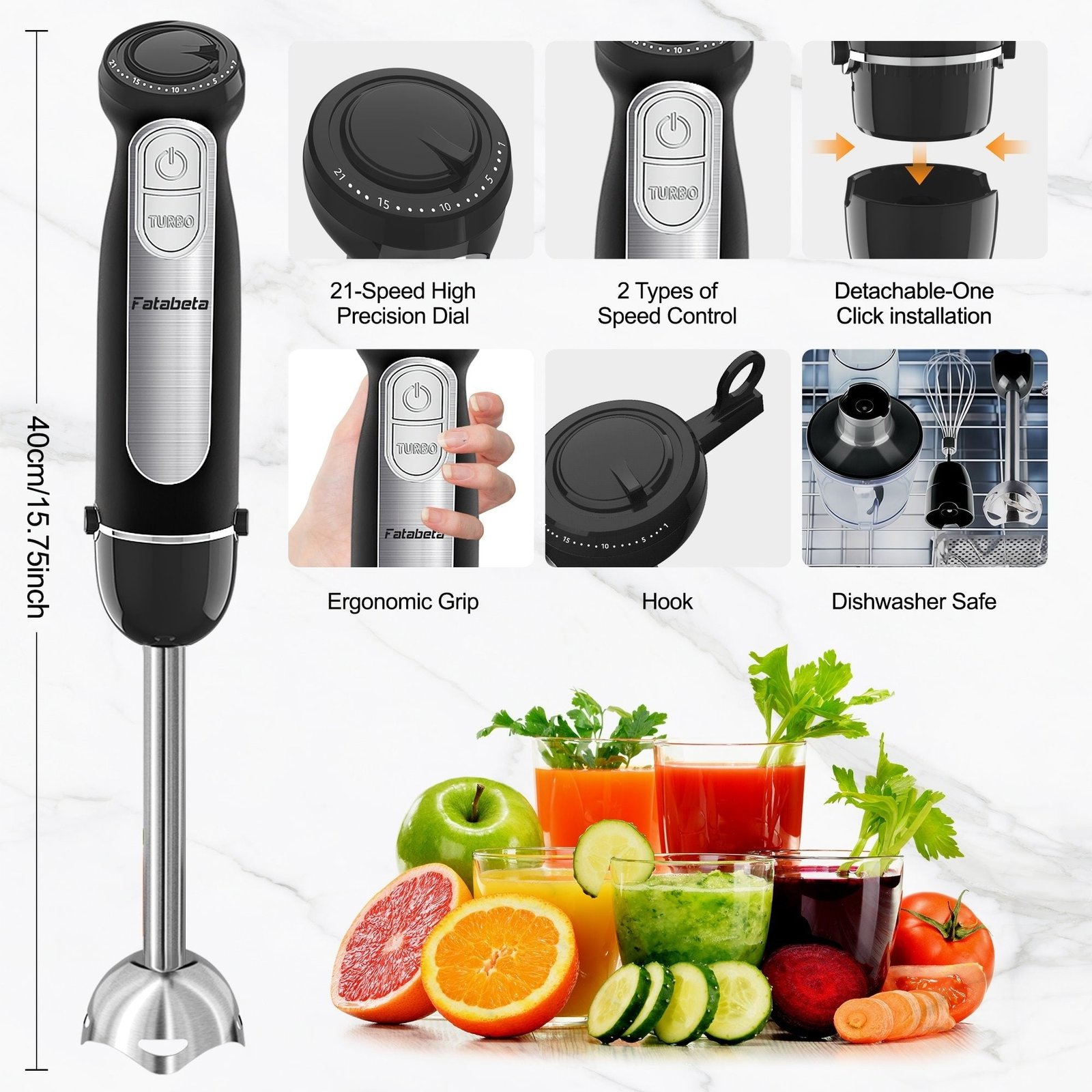 Fatabeta 1100W Immersion Blender, 21-Speed Hand Blender with Turbo Mode, 5-in-1 Stick Blender for Smoothies, Baby Food, Soups, Purees, Black