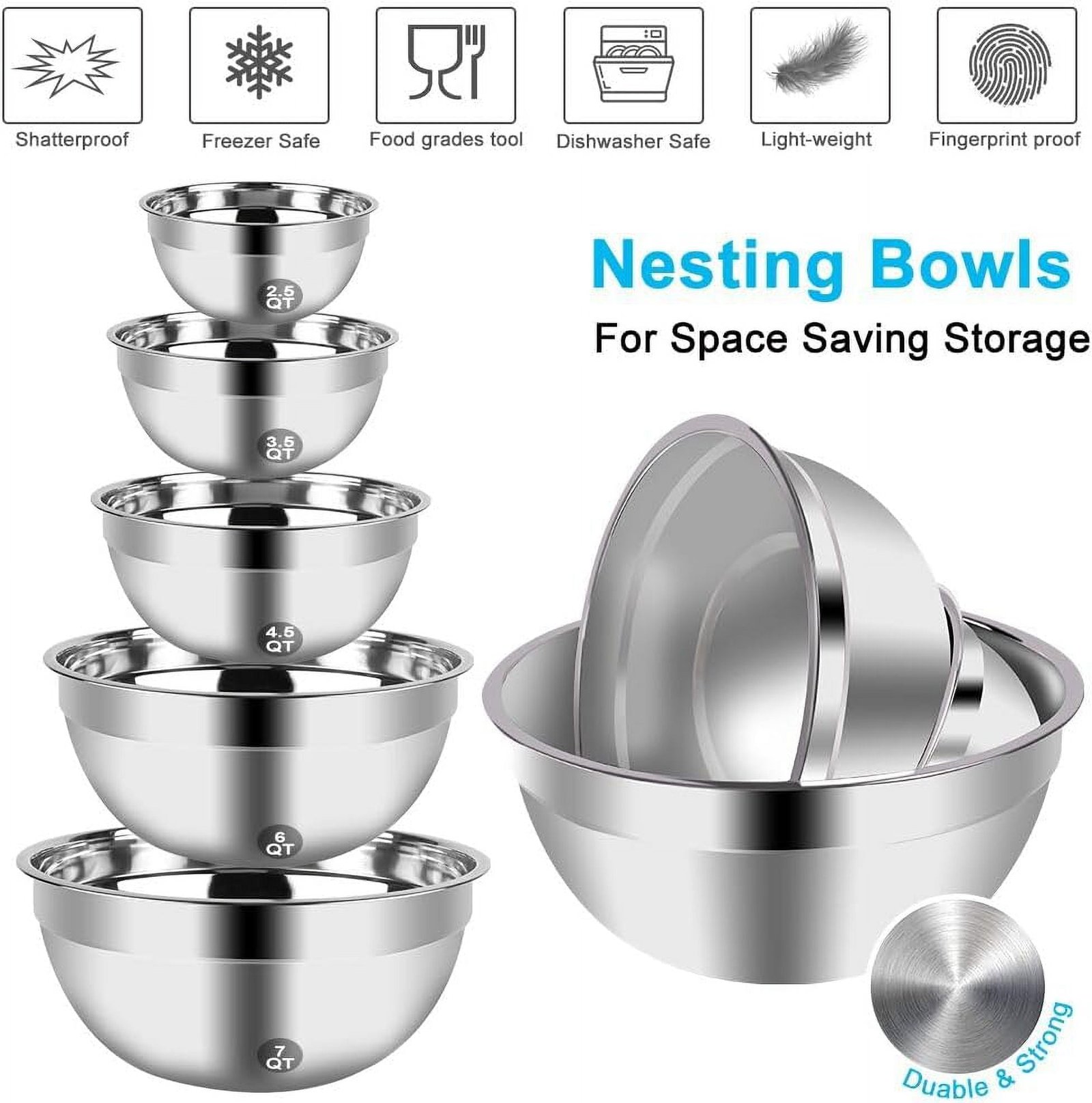 Hand Mixer Electric Mixing Bowls Set, 5 Speeds Handheld Mixer with 5 Nesting Stainless Steel Mixing Bowl, Measuring Cups Spoons 200W Kitchen Blender Whisk Beater Baking Supplies For Beginner