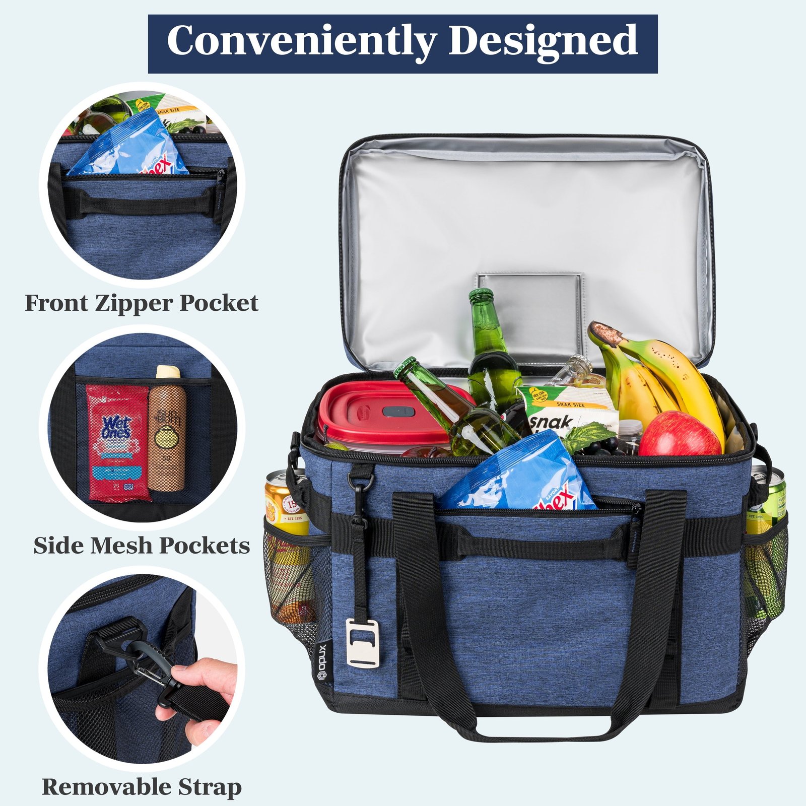 OPUX Cooler Bag, 60 Cans Insulated Soft Collapsible Portable Cooler, Soft Sided Leakproof Cooler for Beach Camping with Shoulder Strap, Ice Chest for Travel Road Trip Picnic, Navy Blue