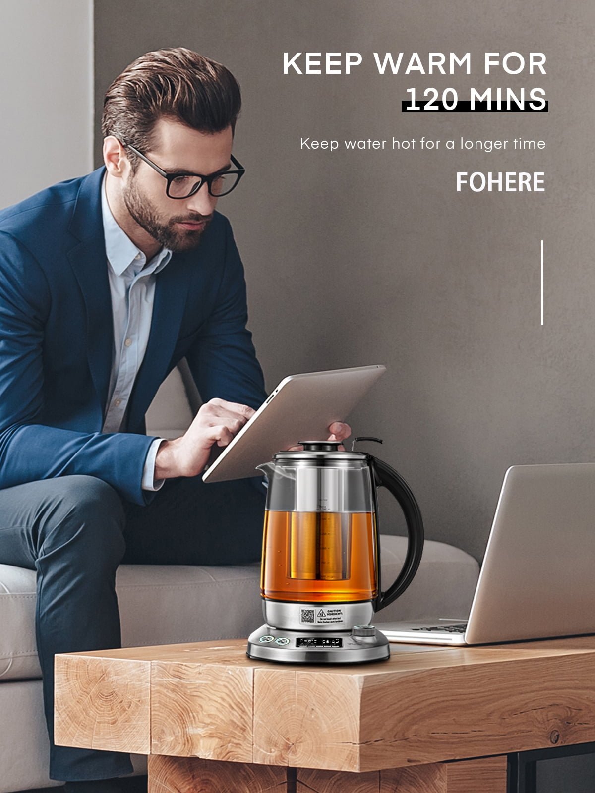 FOHERE Electric Tea Kettle, Electric Kettle Temperature Control with 9 Presets, 2Hr Keep Warm, Removable Tea Infuser,Silver Stainless Steel Glass Boiler, BPA Free, 1.7L