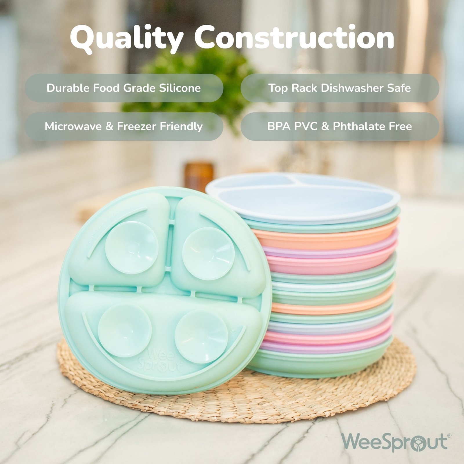WeeSprout Suction Plates with Lids for Babies & Toddlers, 100% Silicone, Dinnerware Stays Put, 3-Pk