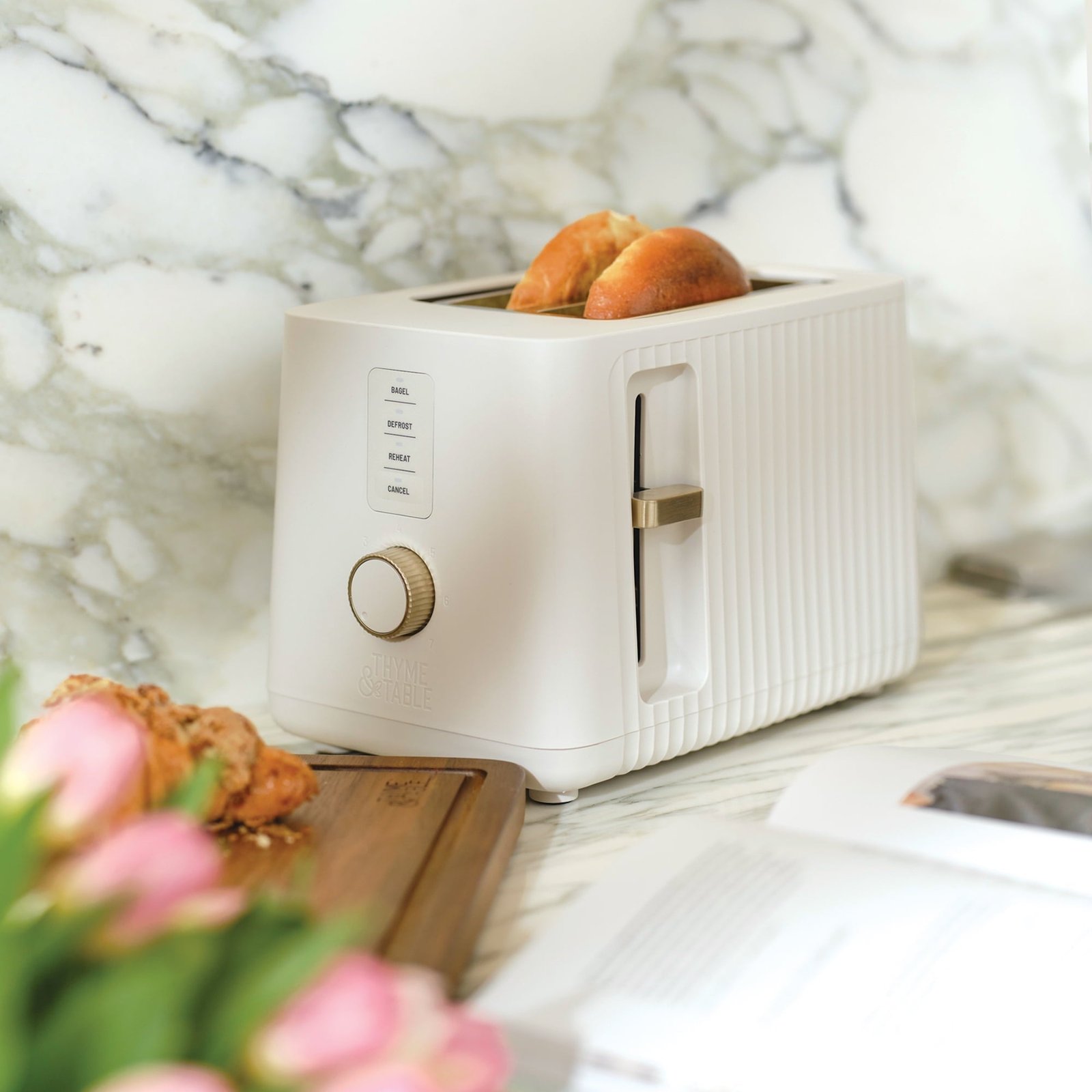 Thyme & Table 2-Slice Toaster, Extra-Wide Slots with Slide-Out Removable Crumb Tray, Sand White