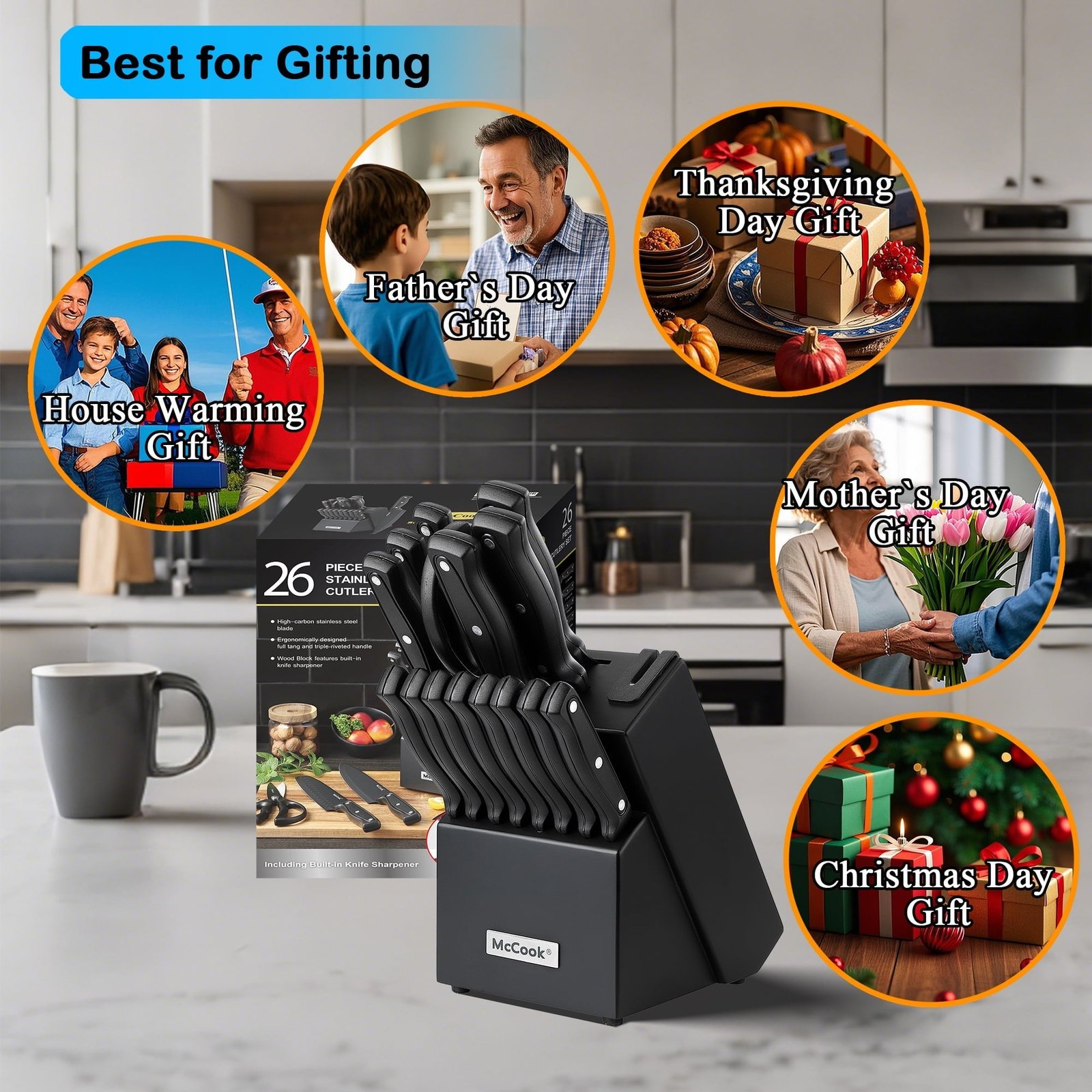 McCook DISHWASHER SAFE MC701 black Knife Sets of 26, Stainless Steel Kitchen Knives Block Set with Built-in Knife Sharpener, Measuring Cups and Spoons