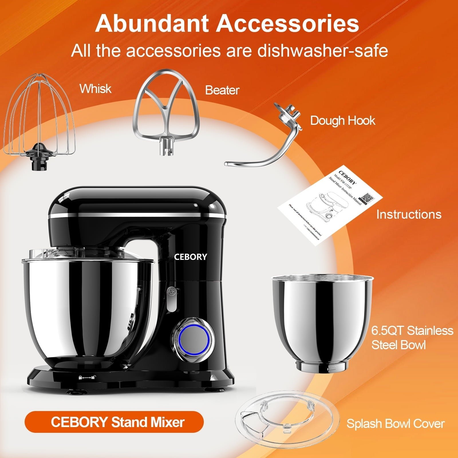 CEBORY 3-IN-1 Stand Mixer, 6.5 QT Tilt-Head 10-Speed Food Mixer, Kitchen Electric Mixer with Dough Hook, Beater, Whisk, Bowl for Most Home Cooks