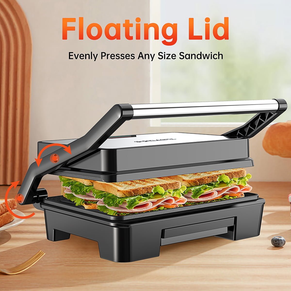 GPED Panini Press Grill, Stainless Steel Sandwich Maker with Double Non-Stick Coated Plates & Removable Drip Tray, 10.6" W x 8.7" H x 3.5" D