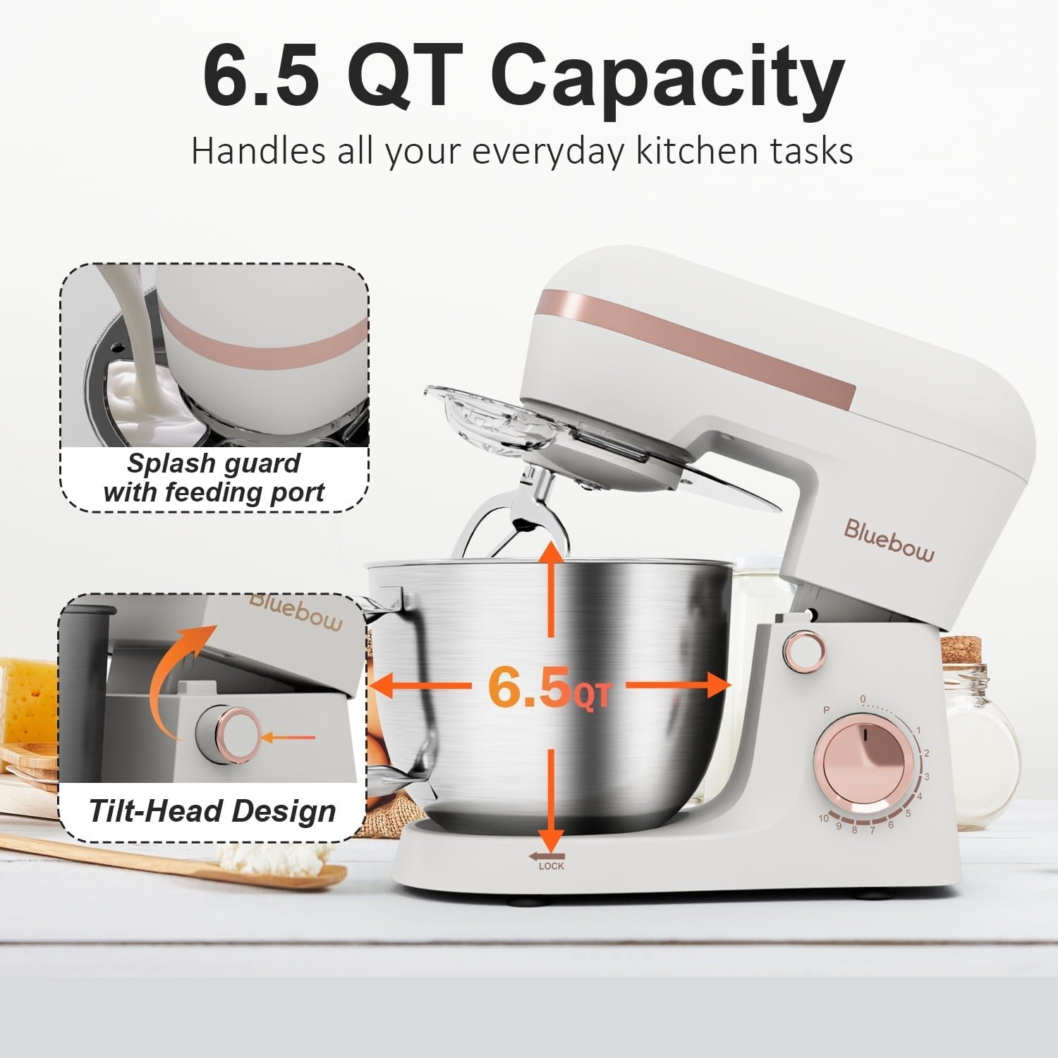 Bluebow 6.5QT Stand Mixer, 10+P Speeds Powerful Electric Kitchen Mixer with Dough Hook, Beater, Whisk, Food Mixer for Baking, Cooking, White