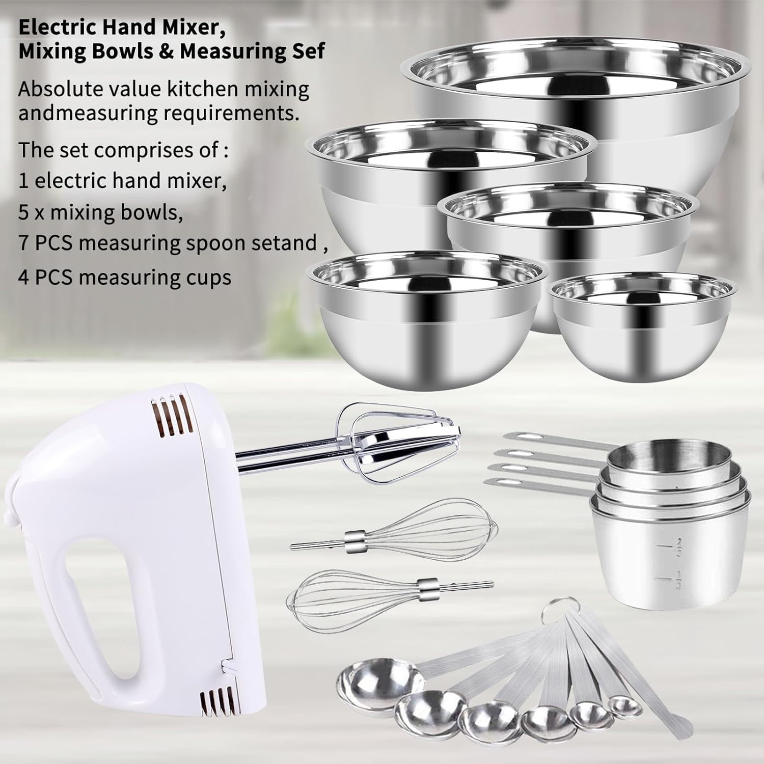 Hand Mixer Electric Mixing Bowls Set, 5 Speeds Handheld Mixer with 5 Nesting Stainless Steel Mixing Bowl, Measuring Cups Spoons 200W Kitchen Blender Whisk Beater Baking Supplies For Beginner