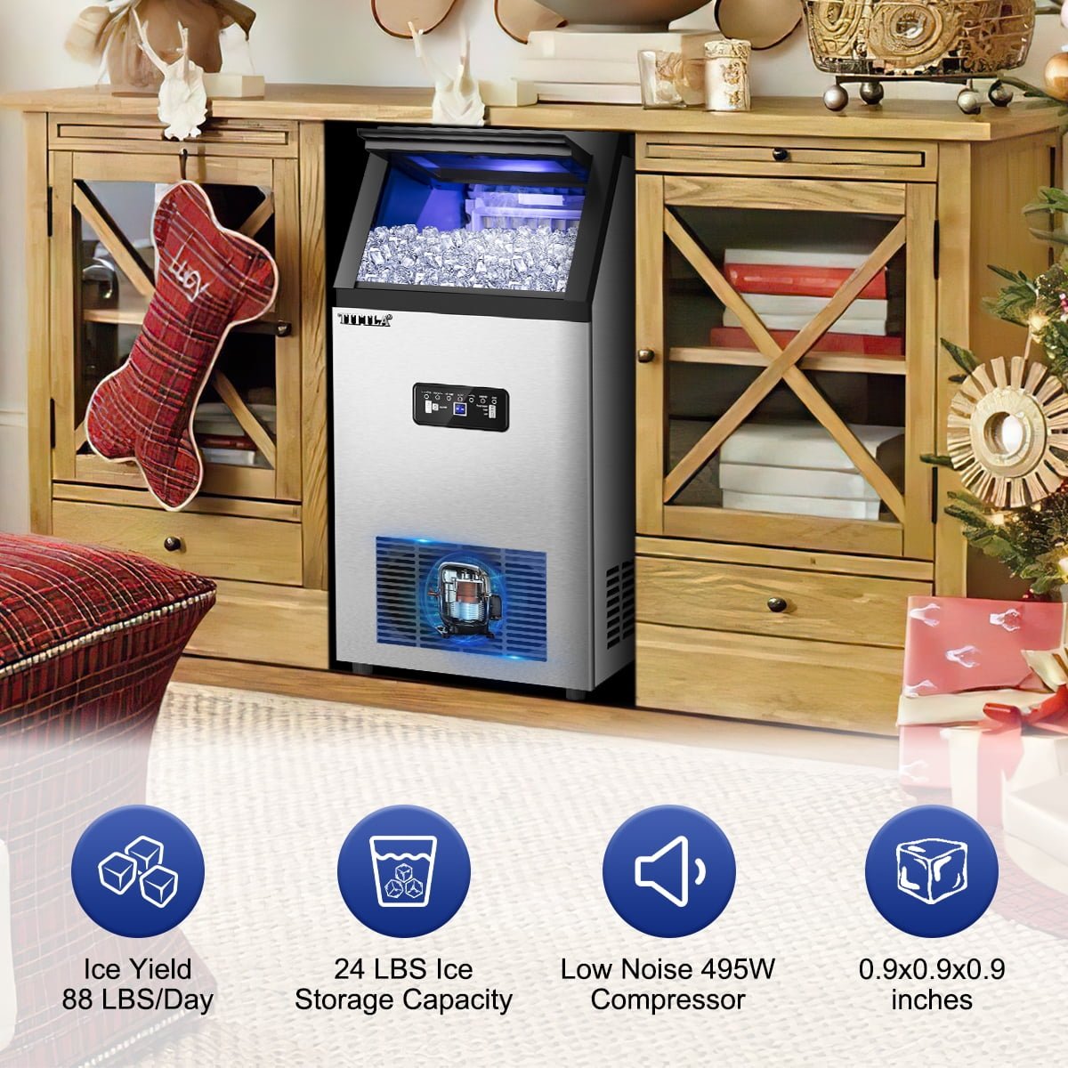 TITTLA 100Lbs/24H Commercial Ice Maker Machine, 24 Lbs Storage, 45 Ice Cubes in 12-15 Mins, Stainless Steel Ice Maker for Home Bar Cafe