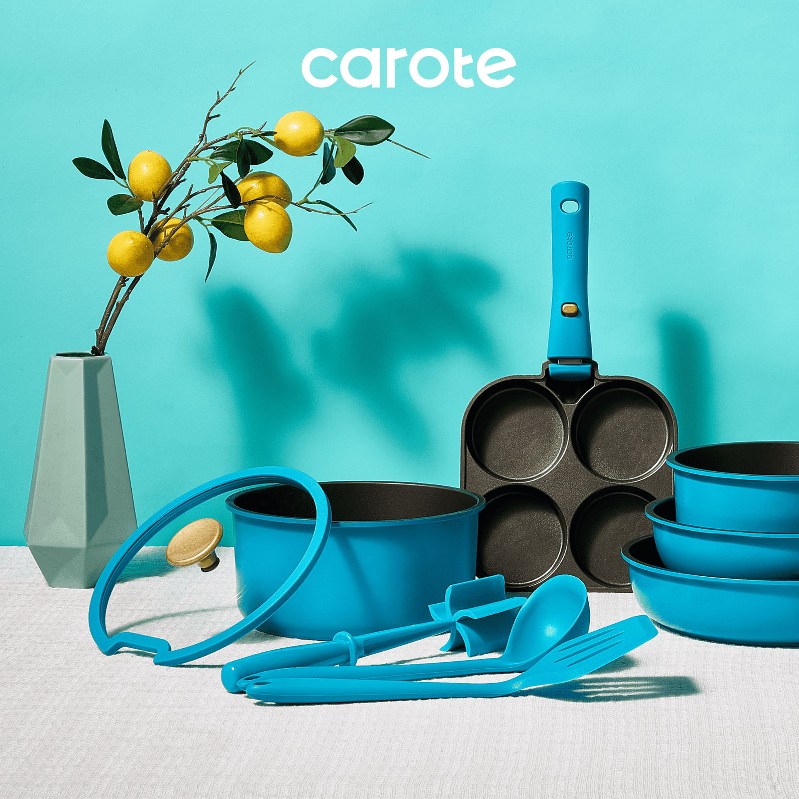 Carote 21 Pcs Nonstick Cookware Sets, Pots and Pans Set with Detachable Handles, Oven/Dishwasher Safe, Stackable Kitchen Cooking Set, Induction Cookware, Peacock Blue