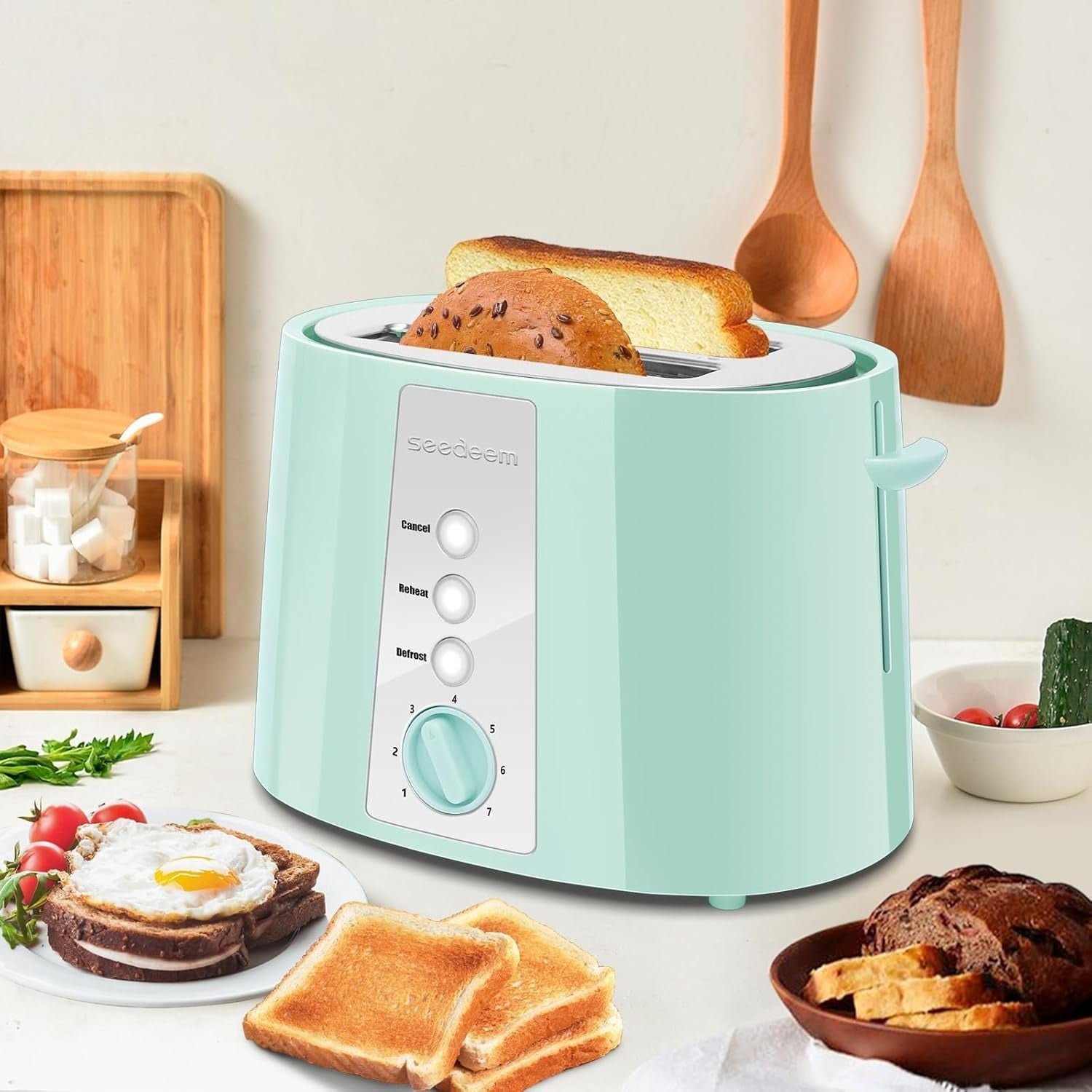 SEEDEEM Toaster 2 Slice, Extra Wide Slot Toaster, 7 Shade Settings, Bread Toaster with Cancel, Defrost, Reheat Function, Extra Wide Slots for Waffle or Bagel, Removable Crumb Tray, 750W, Retro Red