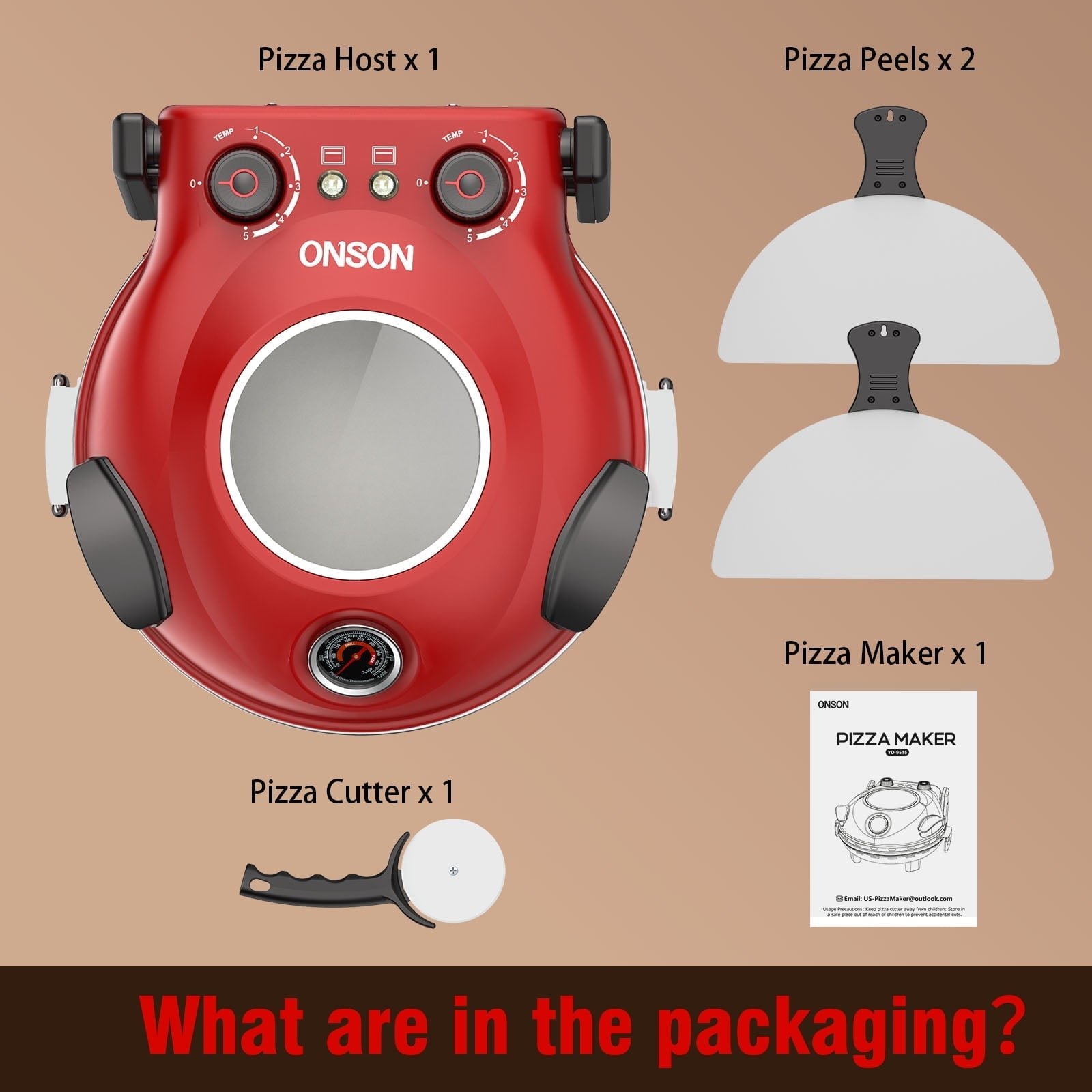 ONSON 12-Inch Pizza Maker with Ceramic Stone, Heats up to 800°F, Countertop Pizza Oven for Home, Red