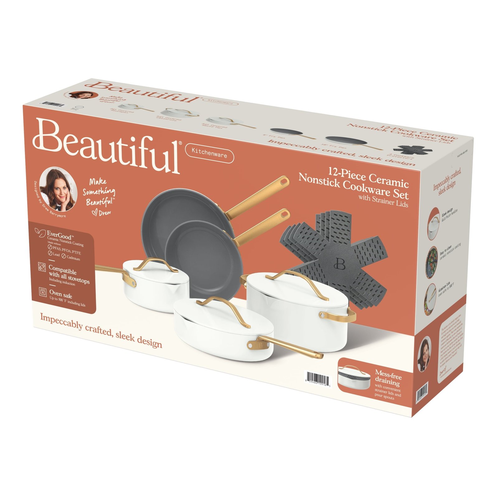 Beautiful 12-Piece Ceramic Nonstick Cookware Set, Pots and Pans with Strainer Lids, White Icing by Drew Barrymore