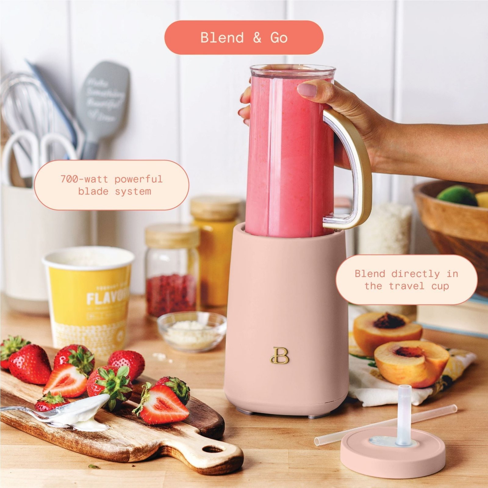 Beautiful Personal Blender Set with 12 Pieces, 240 W, Rose by Drew Barrymore