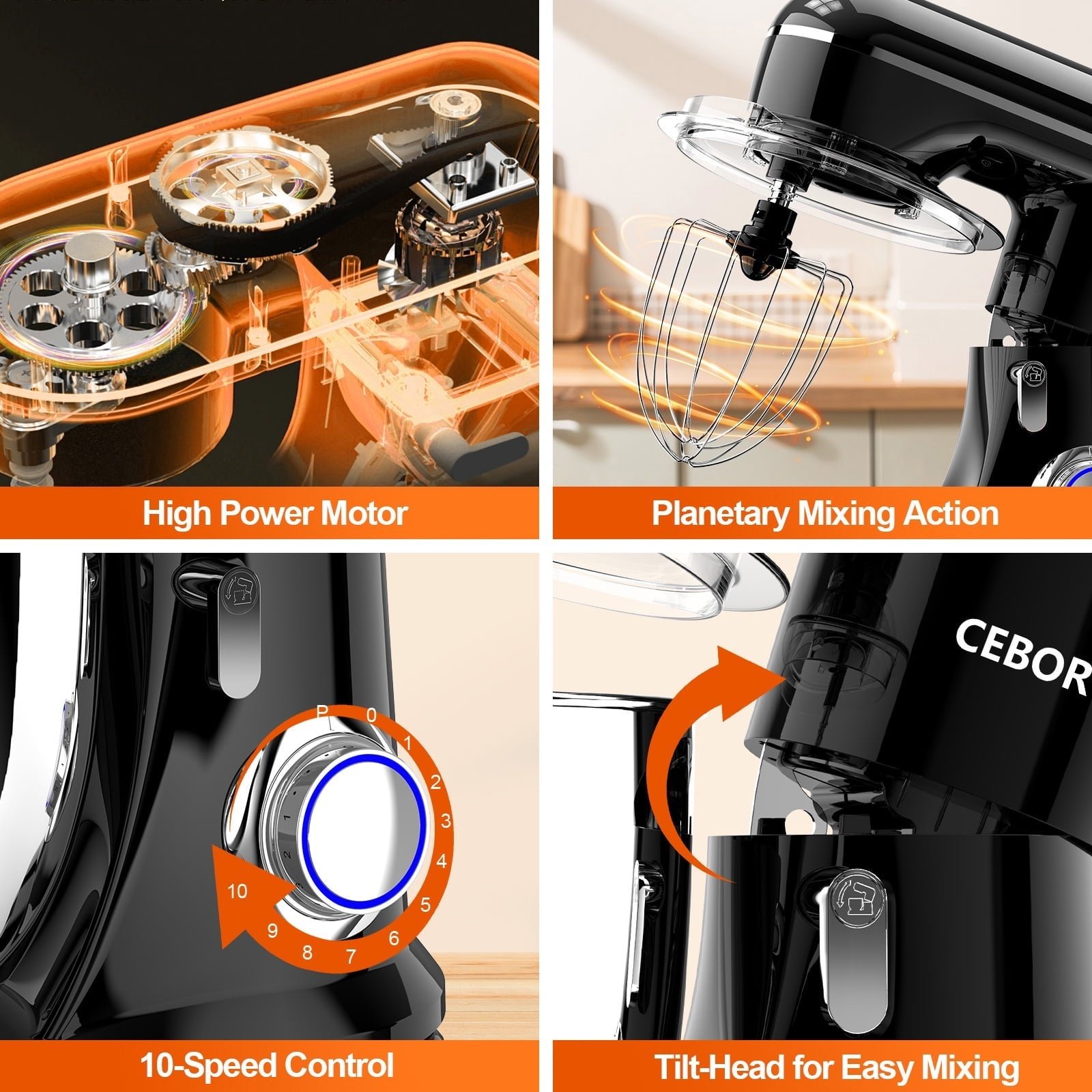 CEBORY 3-IN-1 Stand Mixer, 6.5 QT Tilt-Head 10-Speed Food Mixer, Kitchen Electric Mixer with Dough Hook, Beater, Whisk, Bowl for Most Home Cooks