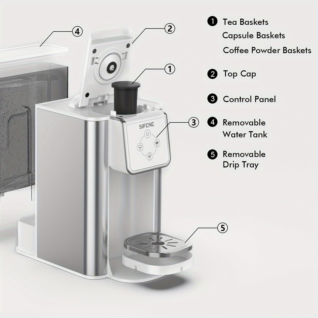 SIFENE 3 in 1 Single Serve Coffee Maker: Coffee Machine Compatible with K Cup Capsules & Grounds, Instant Coffee Pot, Tea Maker Brewer - Removable 50 Oz Water Reservoir, 120V 1150W, Black