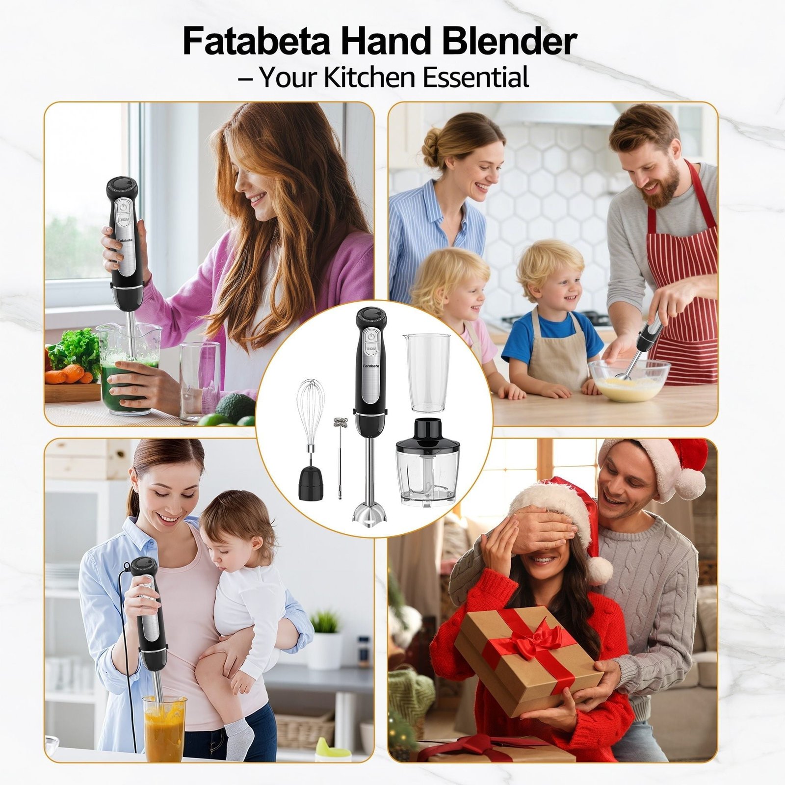 Fatabeta 1100W Immersion Blender, 21-Speed Hand Blender with Turbo Mode, 5-in-1 Stick Blender for Smoothies, Baby Food, Soups, Purees, Black