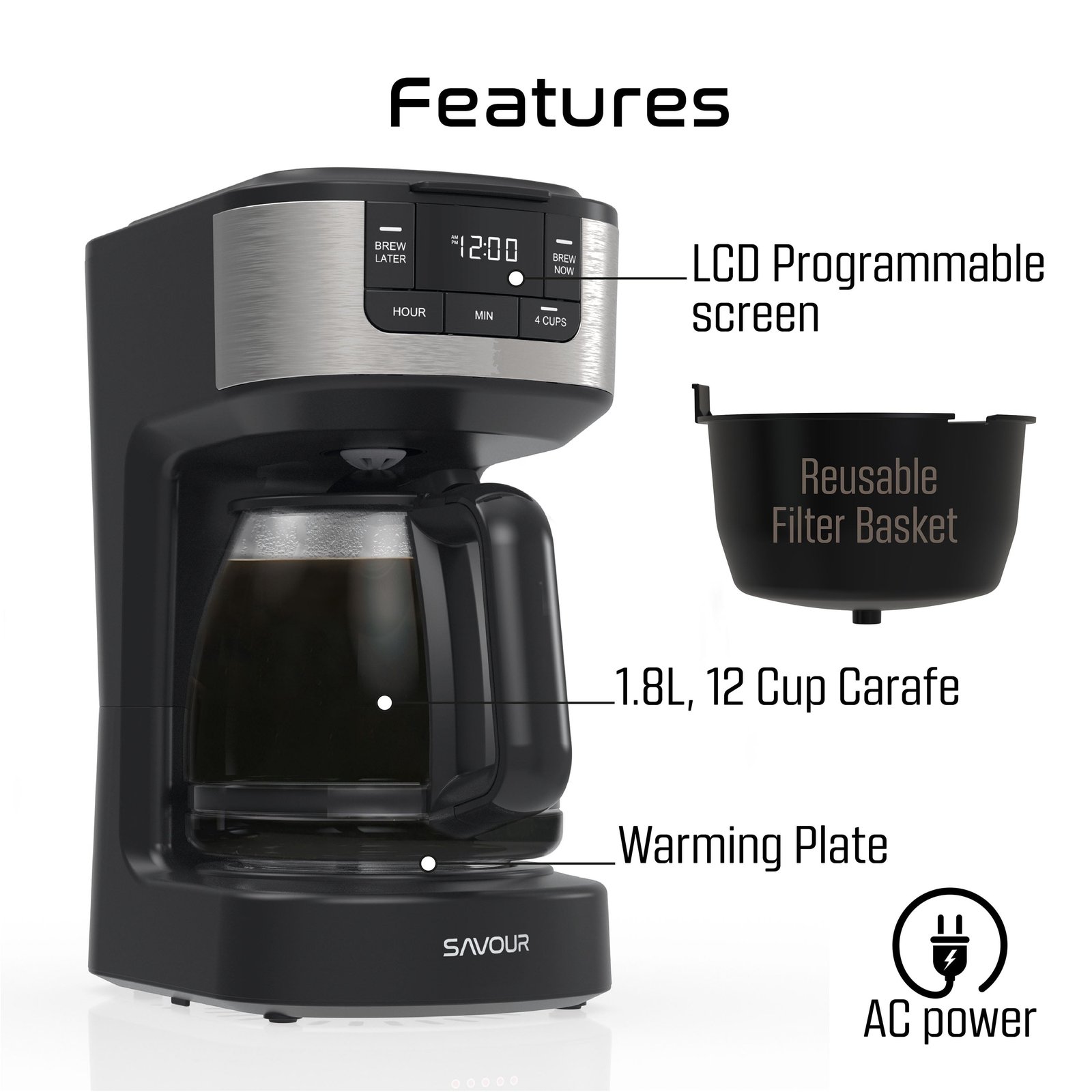 Savour 12-Cup Programmable Coffee Maker AC-Powered Brewing Machine, Black