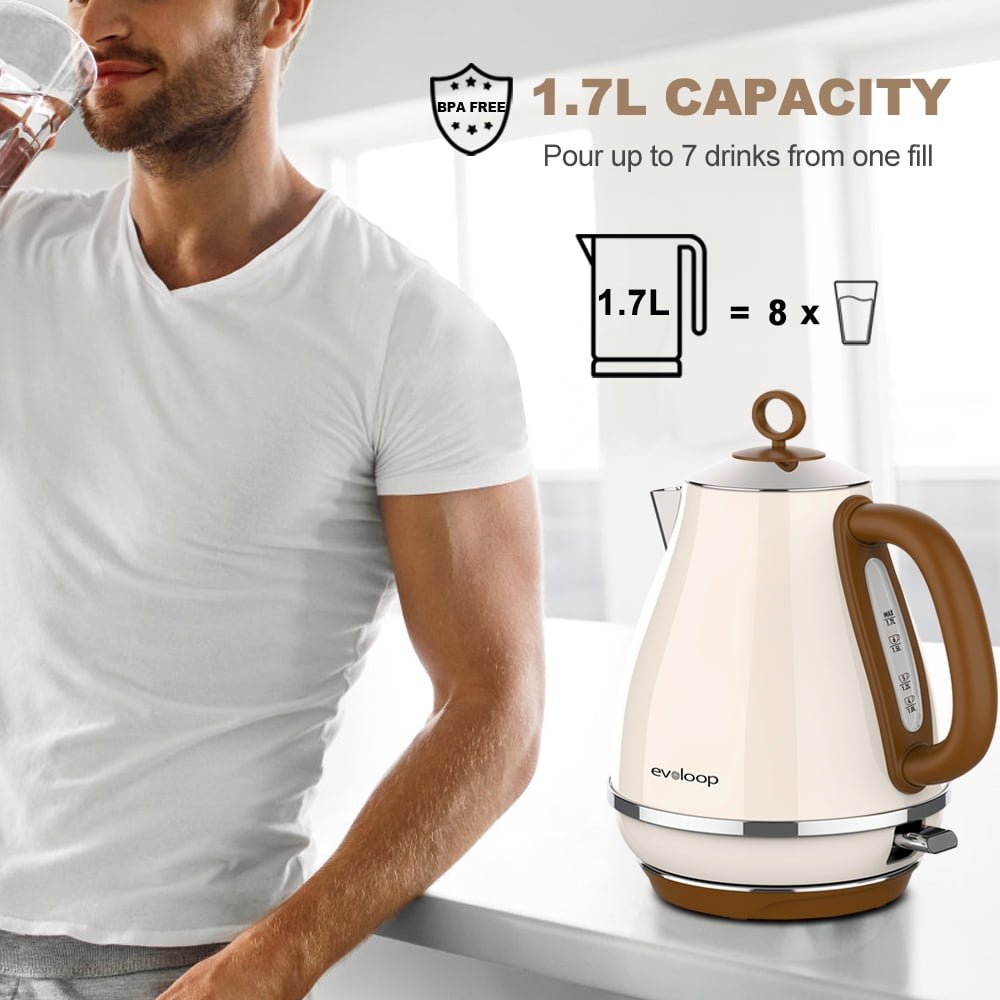 Evoloop 1.7L Electric Kettles, Hot Water Boiler Heater, Stainless Steel Teapot , Auto Shut-Off & BPA Free -- Cream