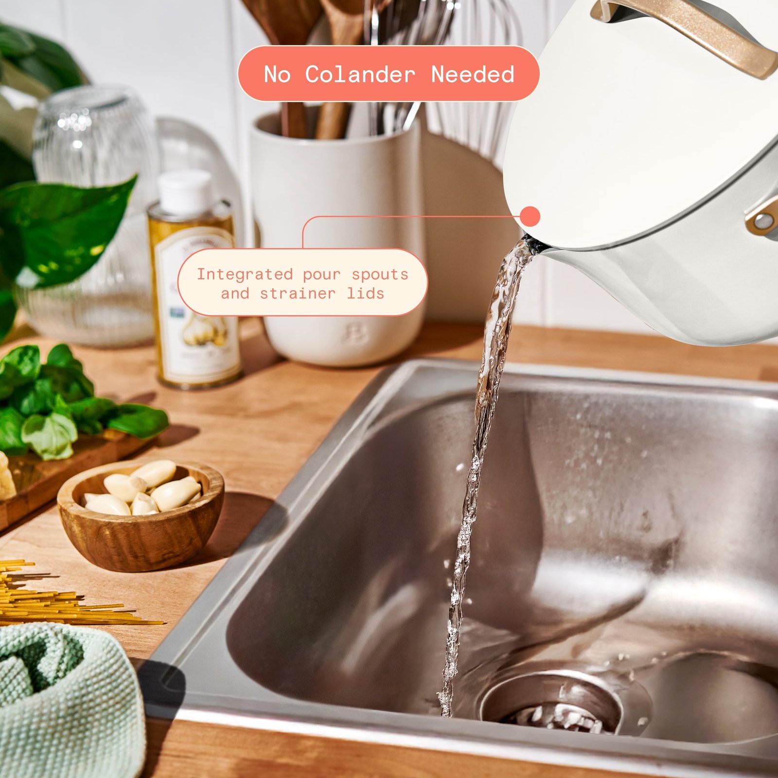 Beautiful 12-Piece Ceramic Nonstick Cookware Set, Pots and Pans with Strainer Lids, White Icing by Drew Barrymore