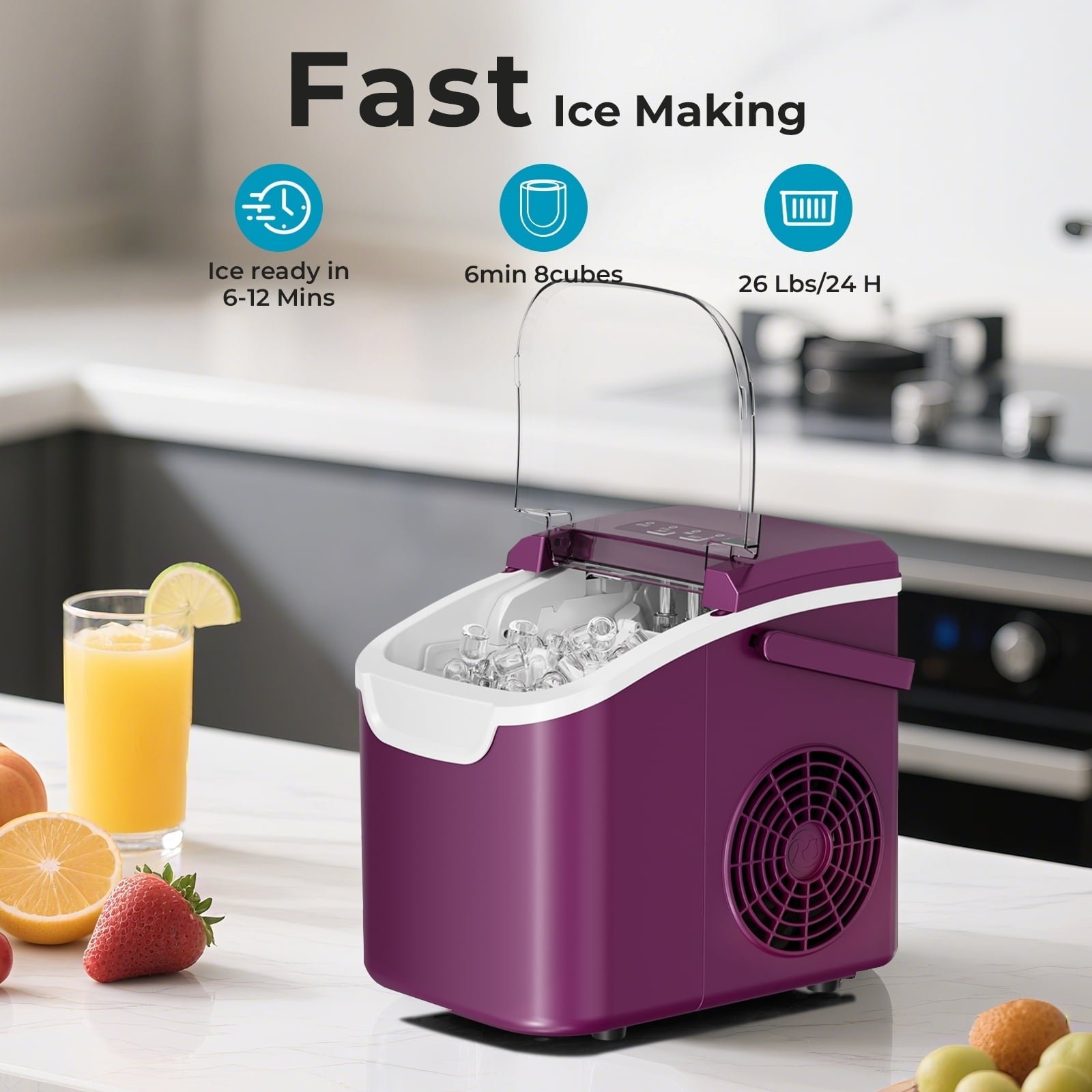 WAA Ice Makers Countertop, 26.5Lbs/Day, Quiet Portable Mini Ice Machine, Purple