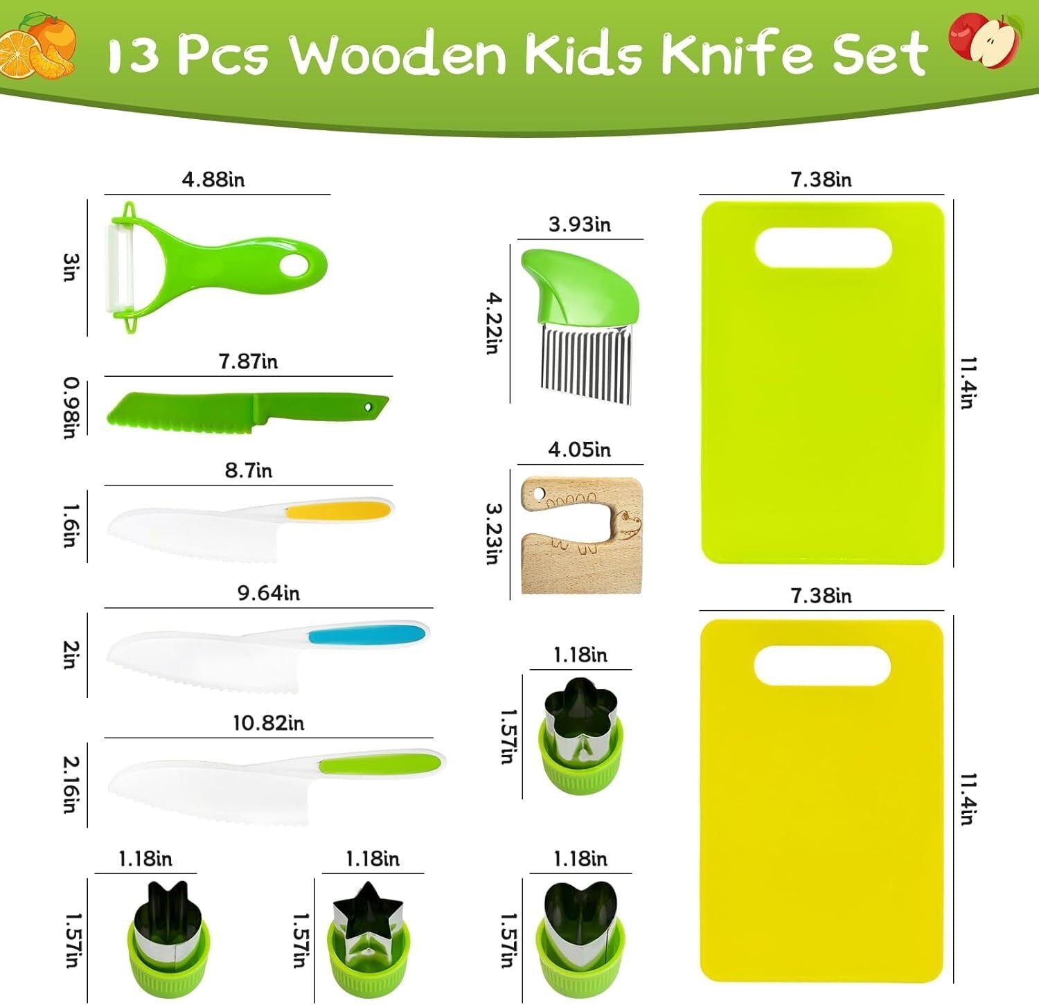 Montessori Kids Knives for Real Cooking, 13 Pieces Wooden Kids Kitchen Knife Set Include 4 Serrated Edges Plastic Toddler Knife,Crinkle Cutter Y Peeler Cutting Boards and Wood Toddler Safe Knife