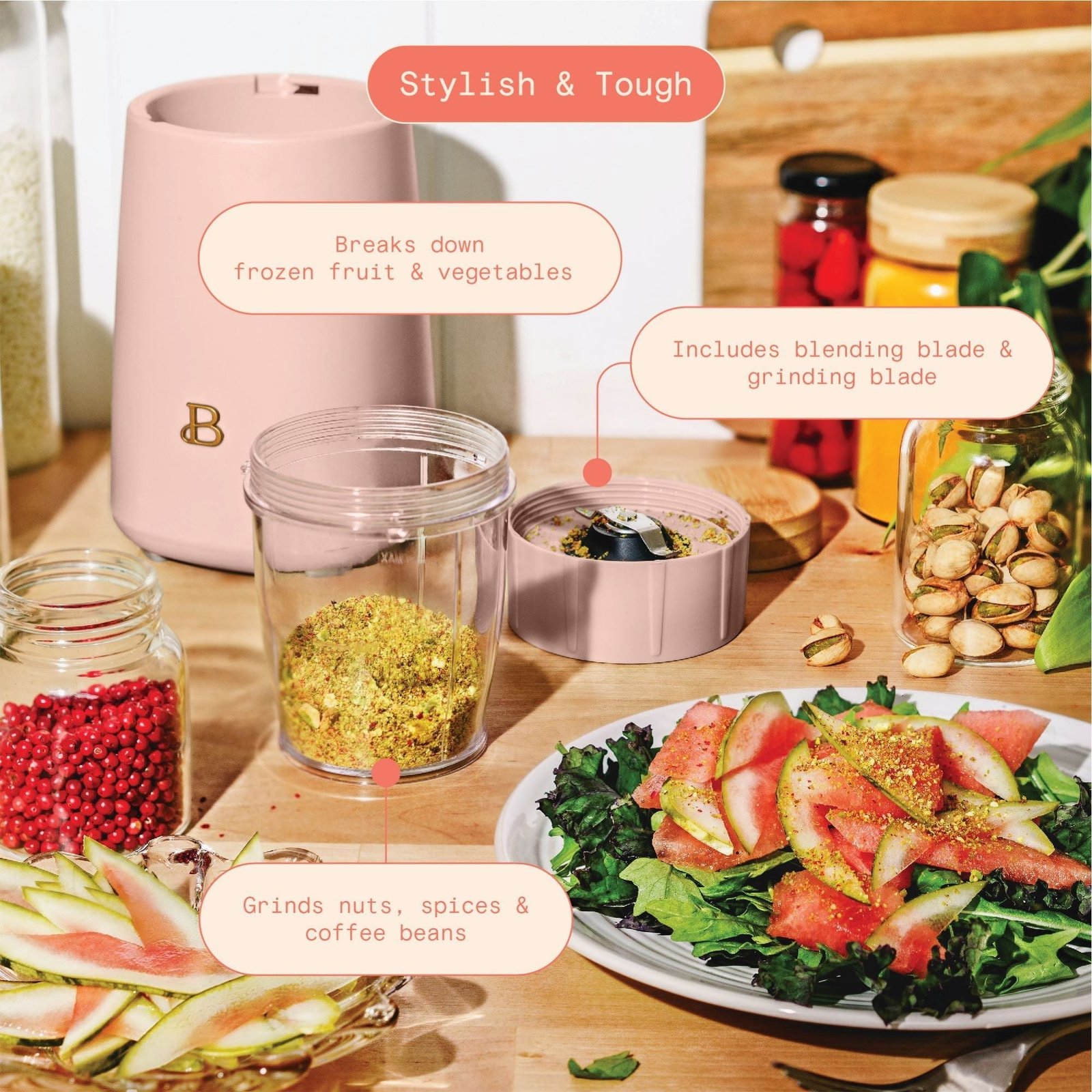 Beautiful Personal Blender Set with 12 Pieces, 240 W, Rose by Drew Barrymore