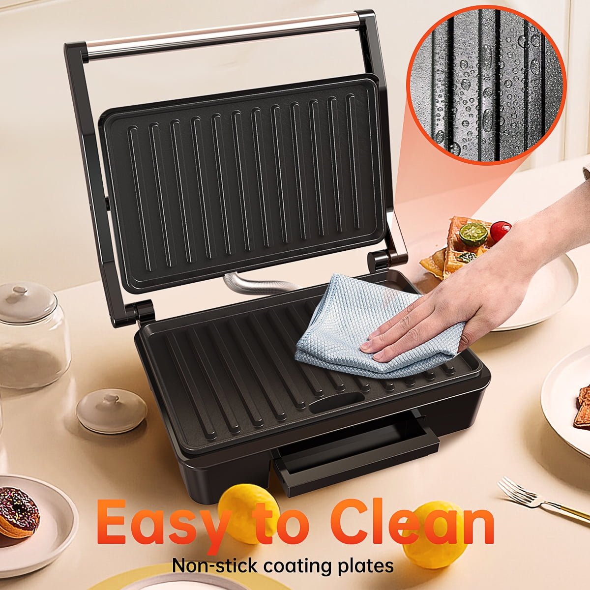 GPED Panini Press Grill, Stainless Steel Sandwich Maker with Double Non-Stick Coated Plates & Removable Drip Tray, 10.6" W x 8.7" H x 3.5" D