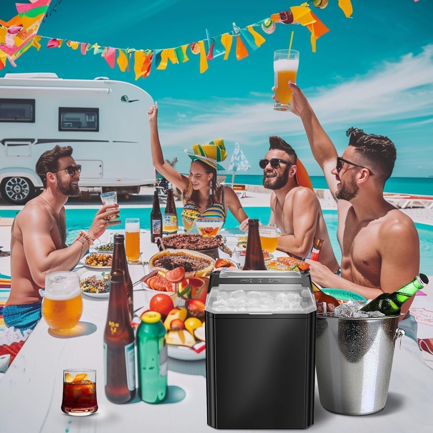 Simenmax Ice Maker, Portable Countertop Icemaker Machine, Self Cleaning Quiet 2 Sizes Bullet Cubes Makers, 9 Cubes in 6 Mins, 26lbs/24Hrs with Ice Scoop, Basket for Home Kitchen Party,Black