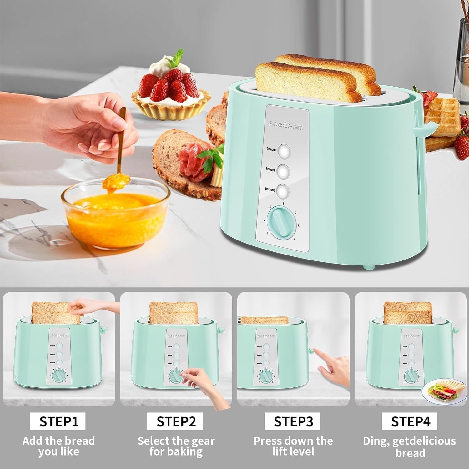 SEEDEEM Toaster 2 Slice, Extra Wide Slot Toaster, 7 Shade Settings, Bread Toaster with Cancel, Defrost, Reheat Function, Extra Wide Slots for Waffle or Bagel, Removable Crumb Tray, 750W, Retro Red