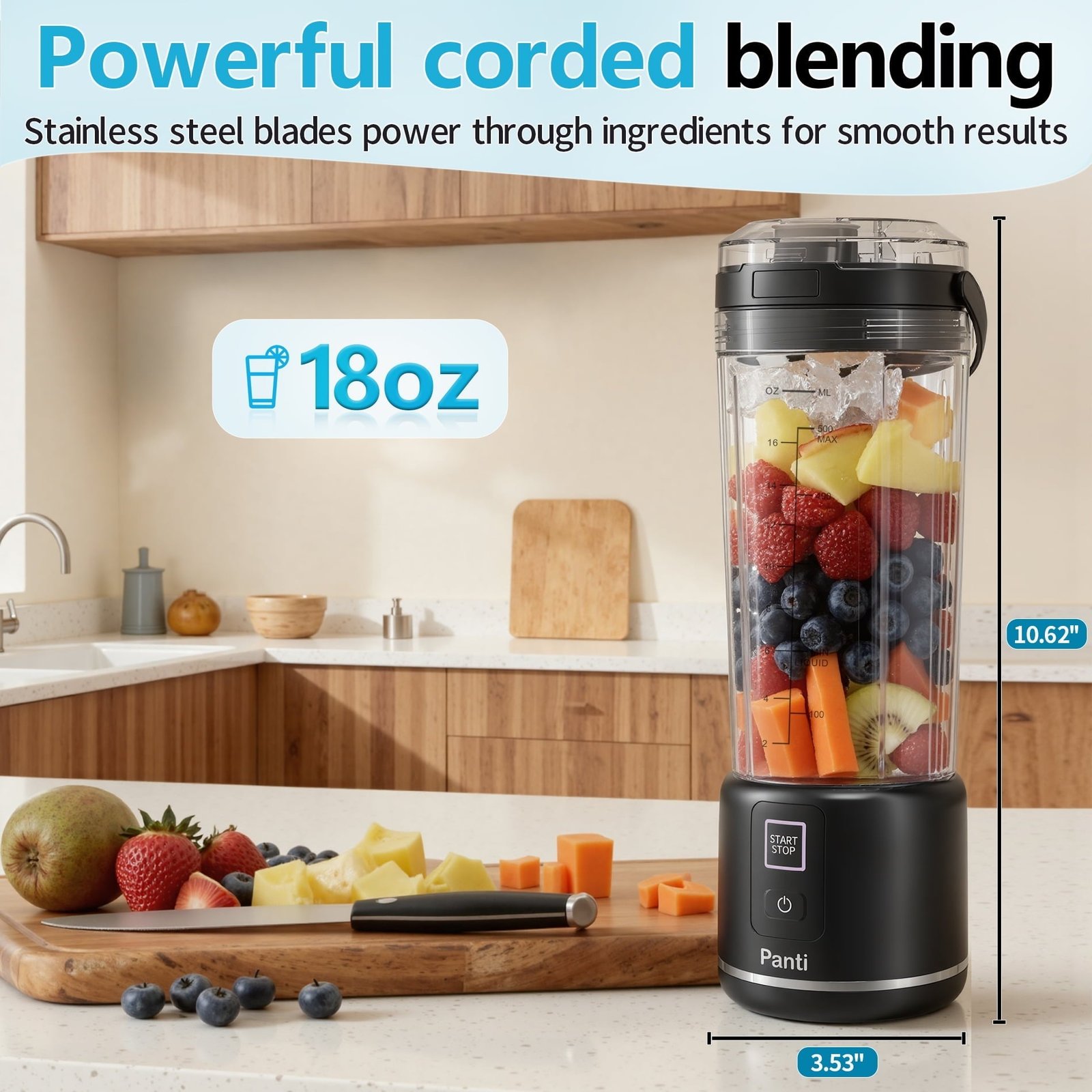 Panti Portable Blender, Cordless, 18oz. USB-C Rechargeable Personal Blender for Shakes & Smoothies, BPA Free, Cover with Handle, USB-C Rechargeable, Dishwasher Safe Parts, Black