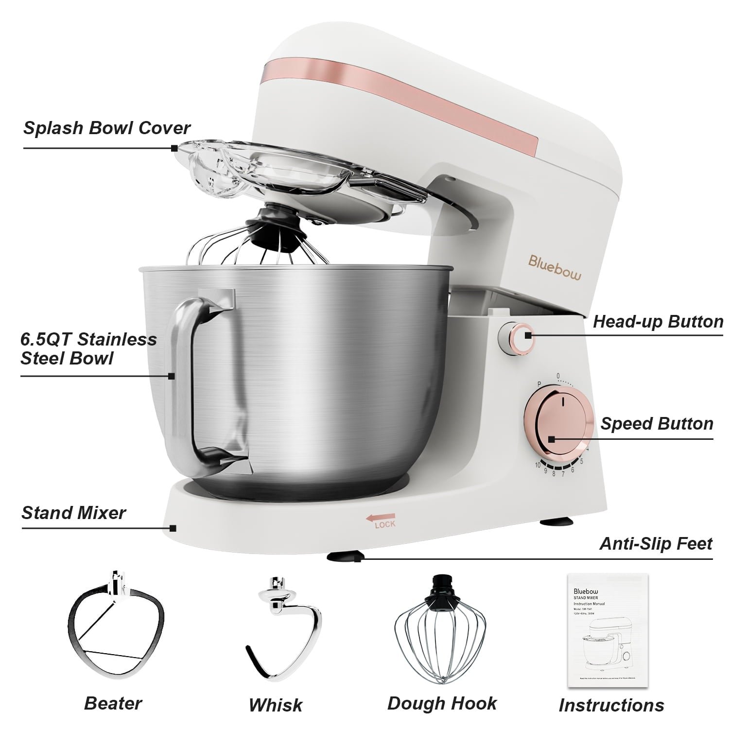Bluebow 6.5QT Stand Mixer, 10+P Speeds Powerful Electric Kitchen Mixer with Dough Hook, Beater, Whisk, Food Mixer for Baking, Cooking, White