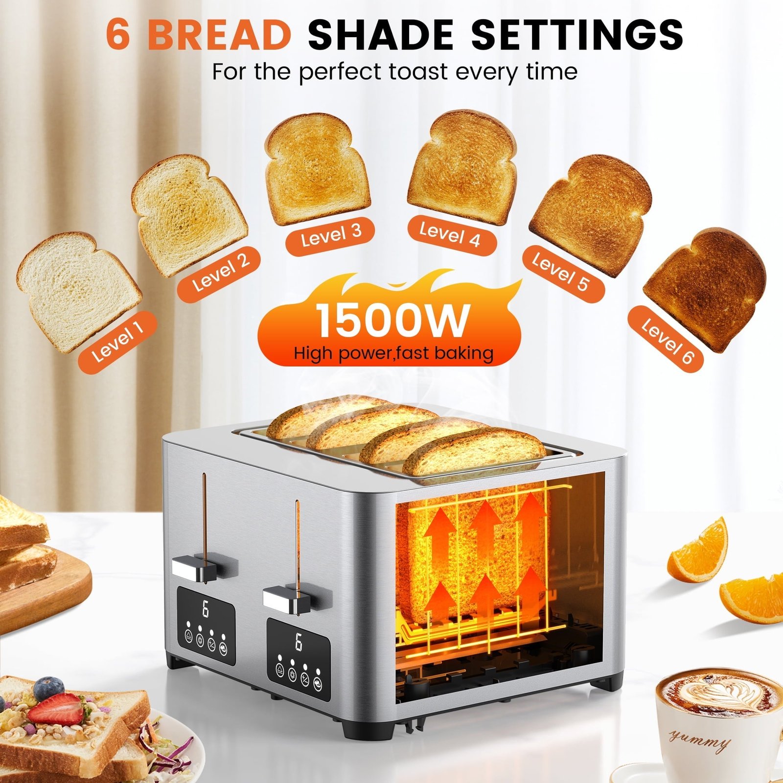 Suodoka Toaster 4 Slice with Touchscreen, Stainless Steel Bread Toaster, 6 Browning Shade Settings, 1.57 inch Wide Slots with Reheat, Cancel, Defrost Functions, New