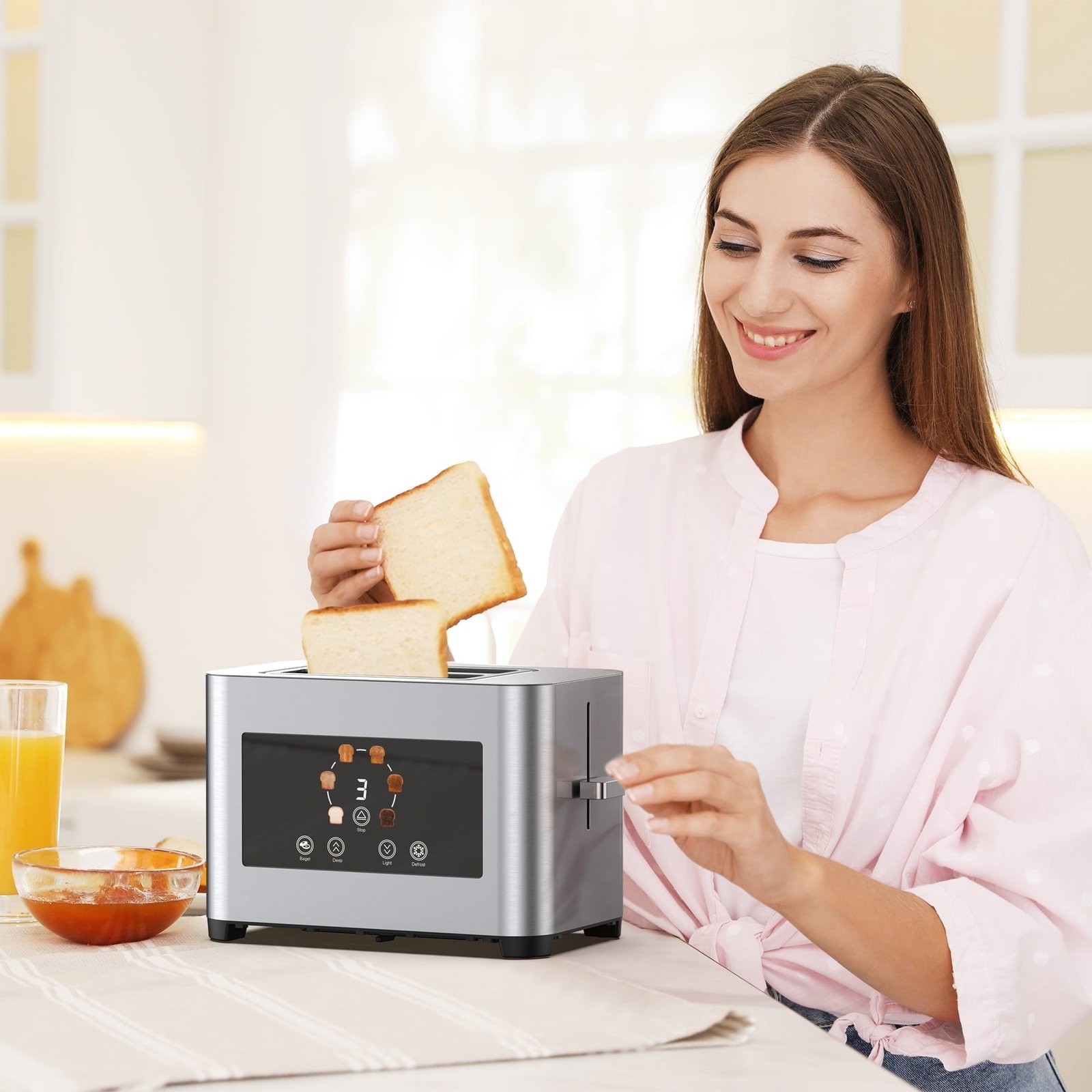 Suodoka Toaster 2 Slice Wide Slots Touchscreen 6 Shade Settings, Stainless Steel Bread Toaster with Reheat, Cancel, Defrost,New