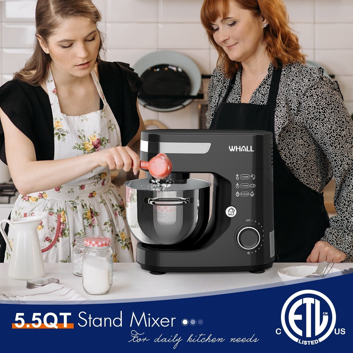 WHALL Stand Mixer - 5.5Qt 12-Speed Tilt-Head Electric Kitchen Mixer with Dough Hook/Wire Whip/Beater, Stainless Steel Bowl (Black) New