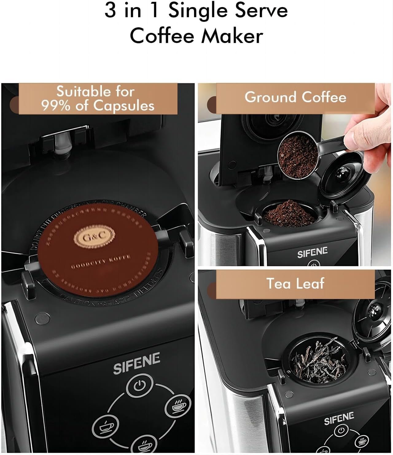 SIFENE 3 in 1 Single Serve Coffee Maker: Coffee Machine Compatible with K Cup Capsules & Grounds, Instant Coffee Pot, Tea Maker Brewer - Removable 50 Oz Water Reservoir, 120V 1150W, Black