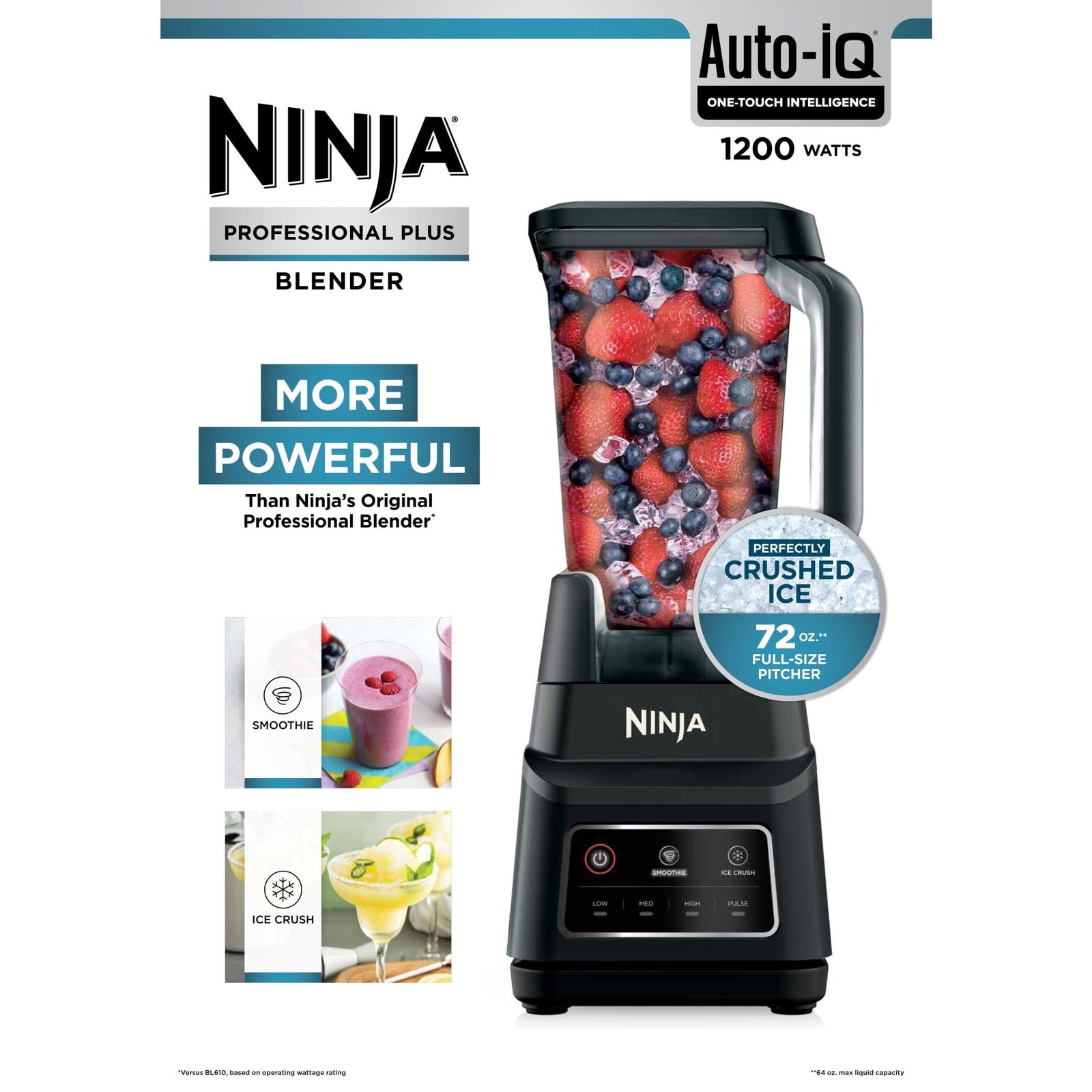 Ninja Professional Plus Blender with 1200-Watt Motor, Auto-iQ Technology, 72 oz. Total Crushing Pitcher, Black, BN700