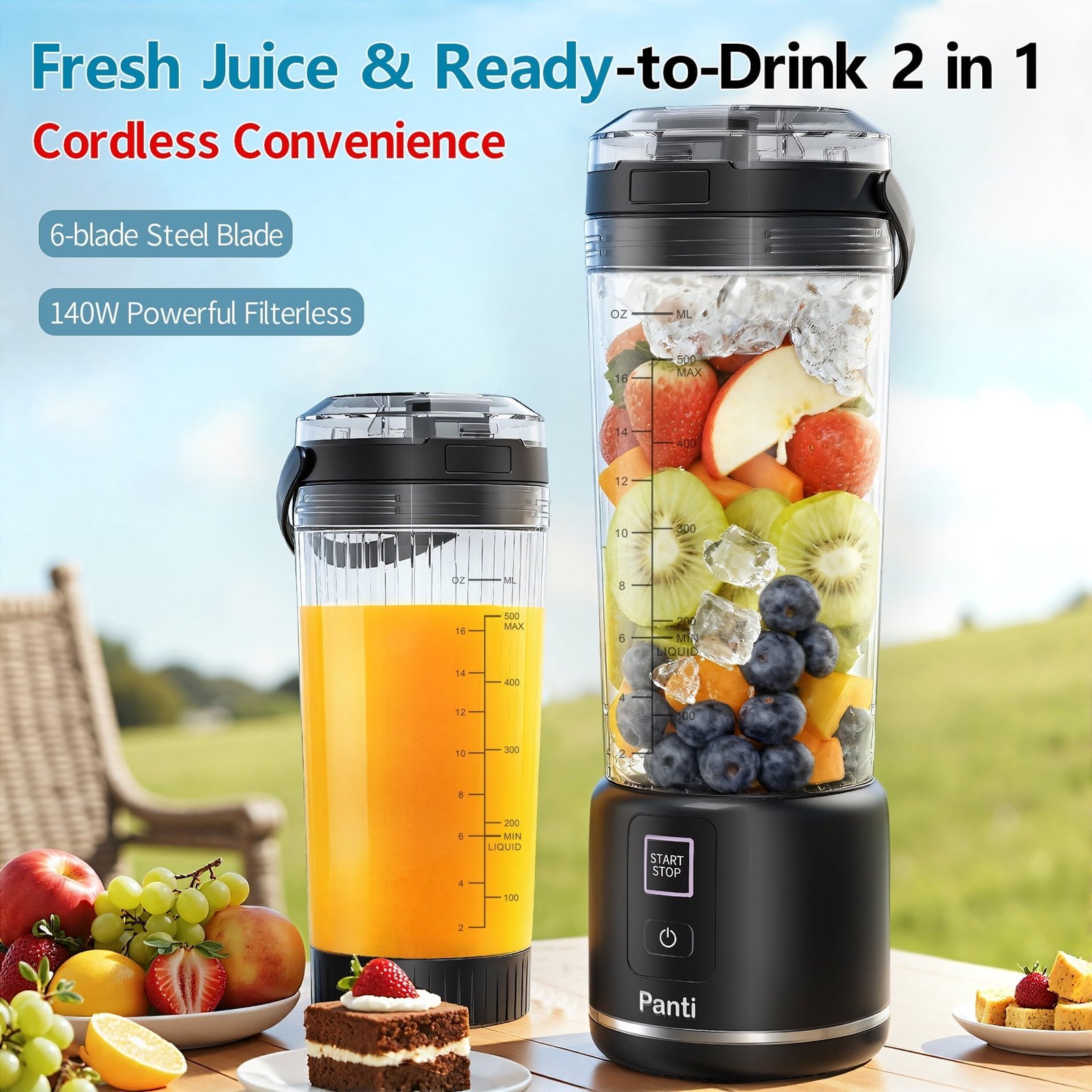 Panti Portable Blender, Cordless, 18oz. USB-C Rechargeable Personal Blender for Shakes & Smoothies, BPA Free, Cover with Handle, USB-C Rechargeable, Dishwasher Safe Parts, Black