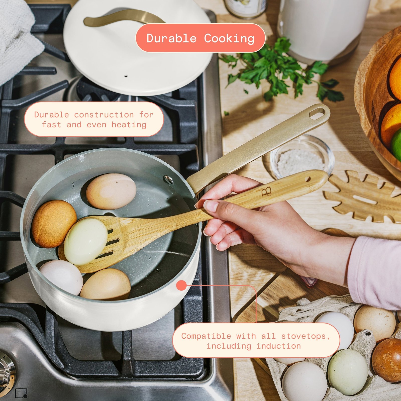 Beautiful 12-Piece Ceramic Nonstick Cookware Set, Pots and Pans with Strainer Lids, White Icing by Drew Barrymore
