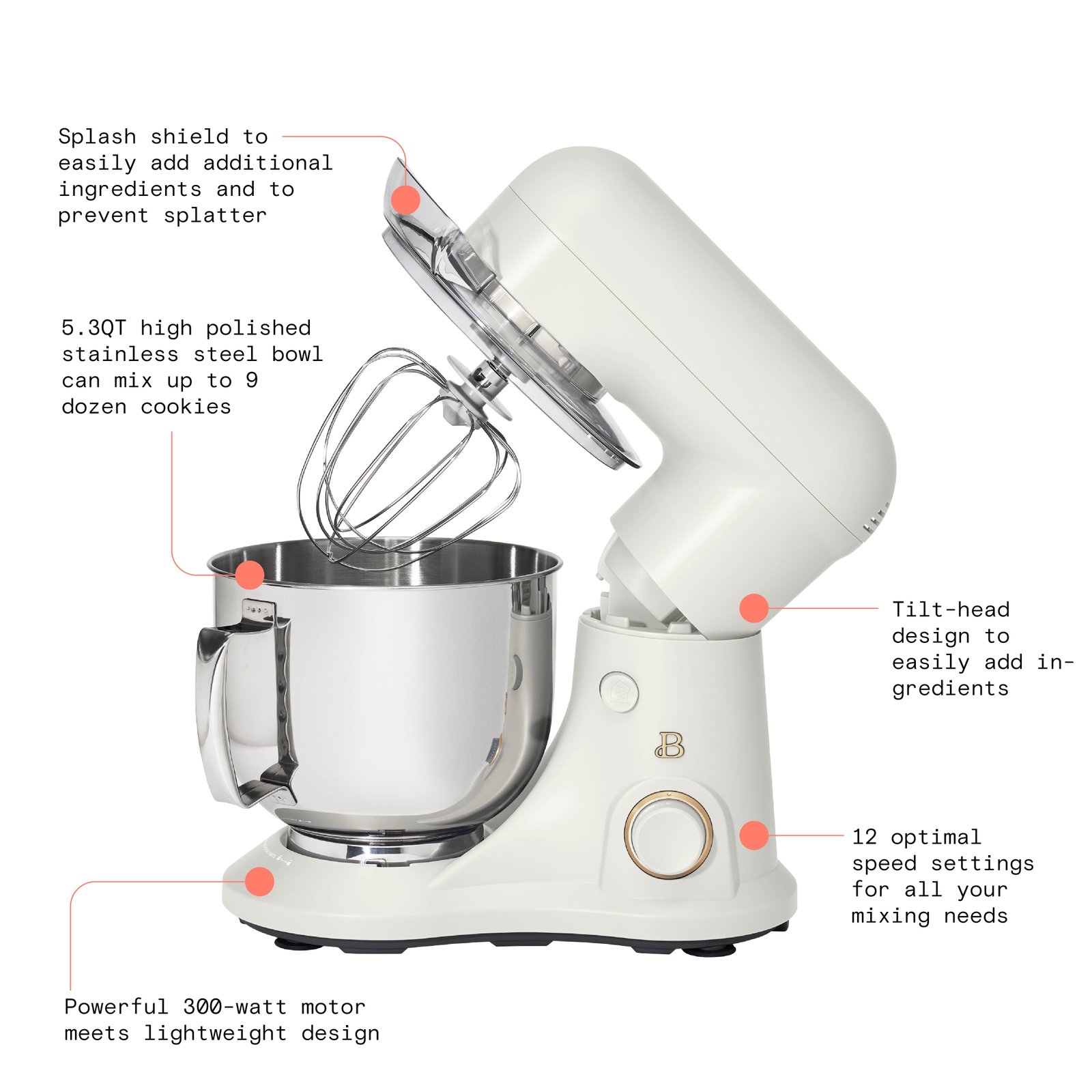 Beautiful 5.3 Qt Stand Mixer, White Icing with Flat Beater, Dough Hook, Balloon Whisk