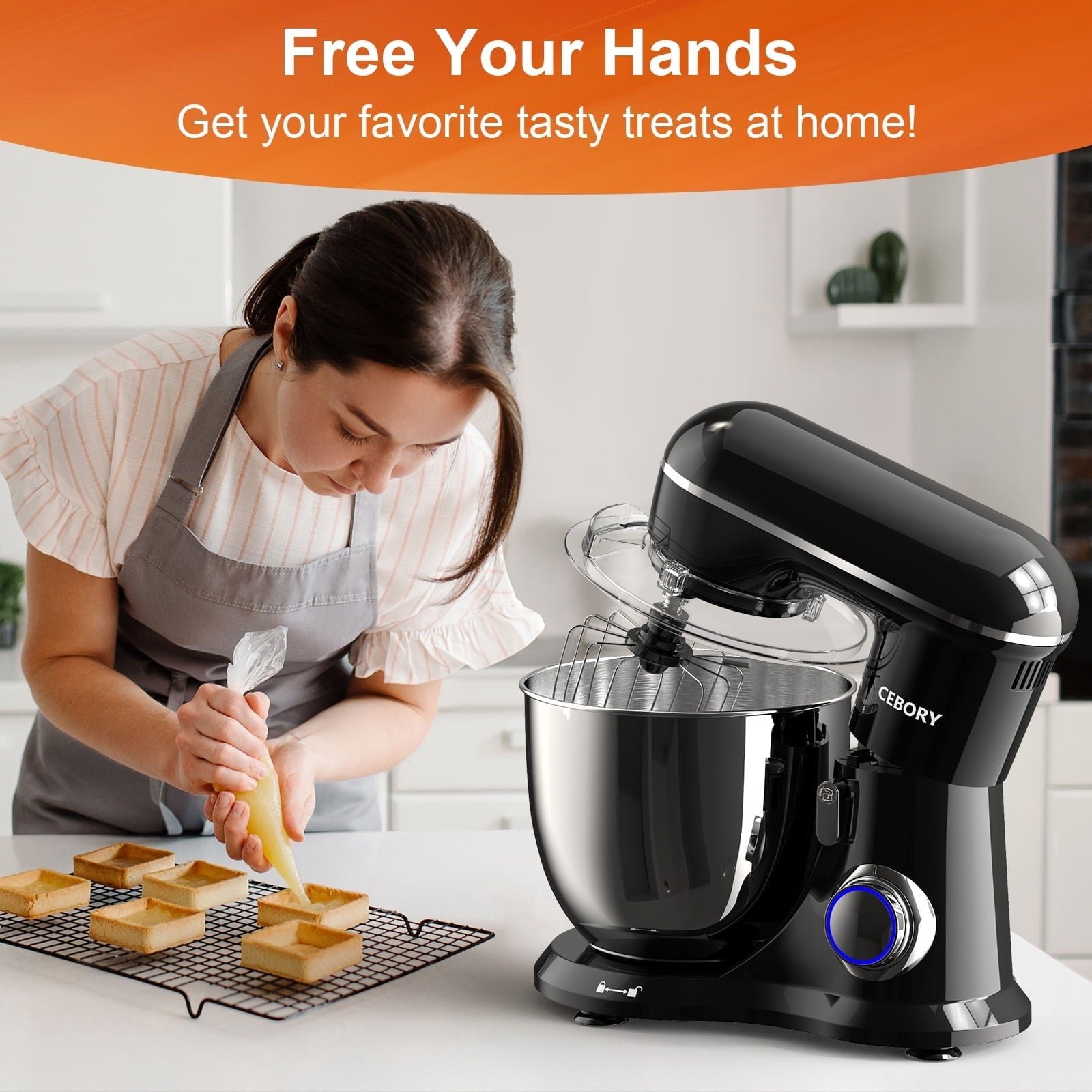 CEBORY 3-IN-1 Stand Mixer, 6.5 QT Tilt-Head 10-Speed Food Mixer, Kitchen Electric Mixer with Dough Hook, Beater, Whisk, Bowl for Most Home Cooks