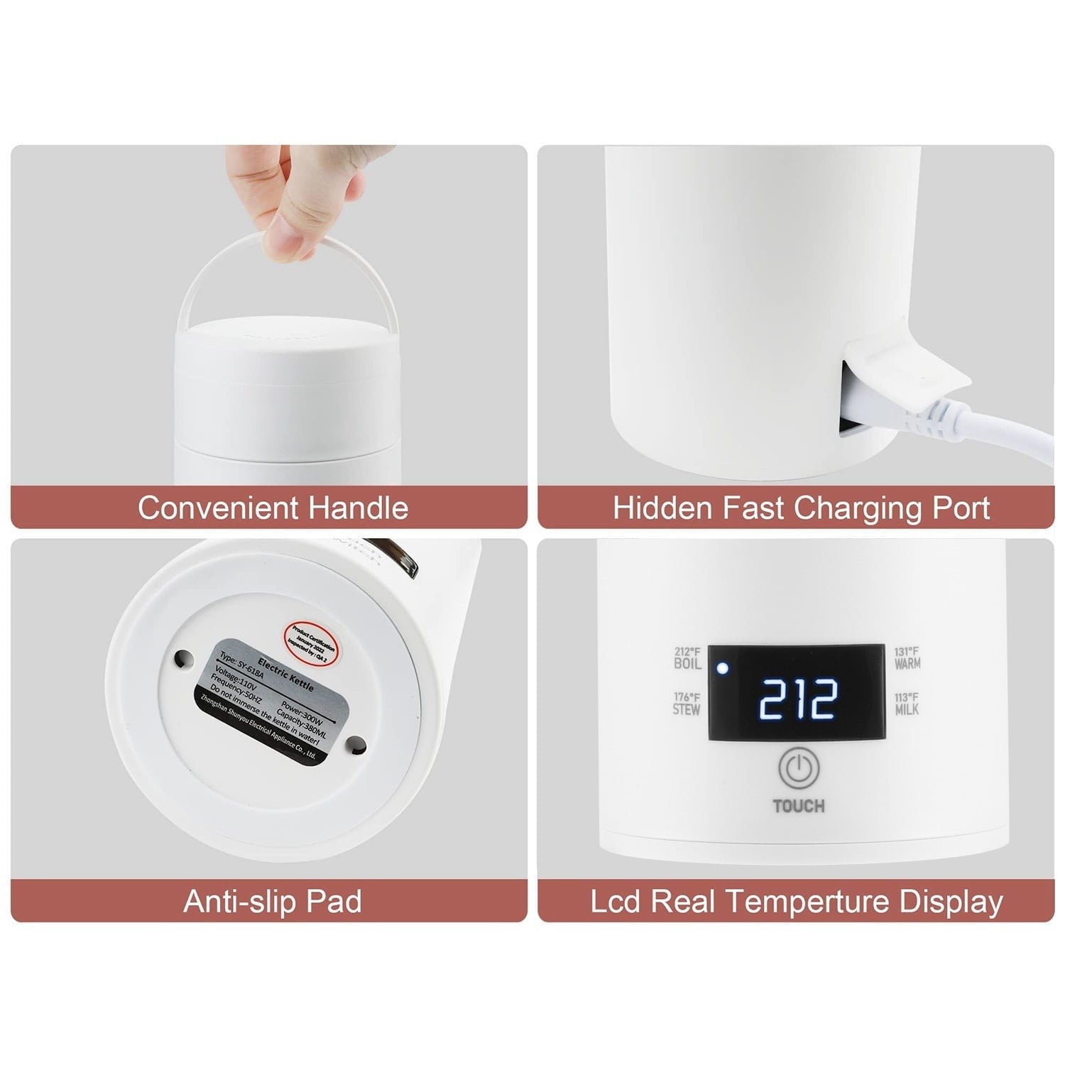 Smart Travel Kettle Electric Small Stainless Steel Portable Digital Electric Kettle for Boiling Water 380ml Travel Tea Kettle Portable Water Boiler, White