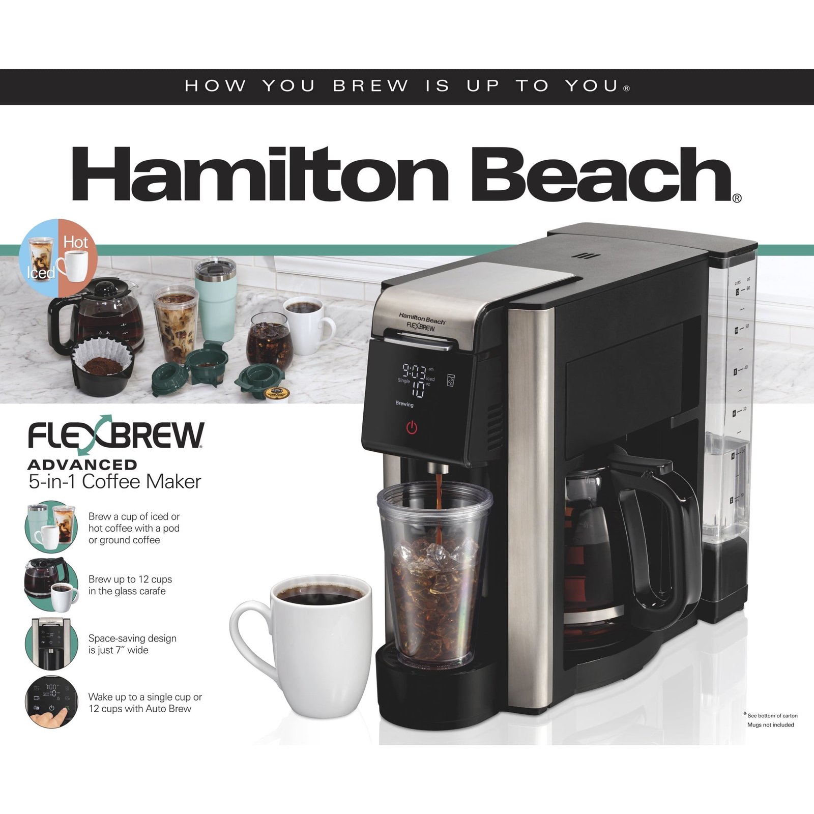 Hamilton Beach FlexBrew 5-in-1 Coffee Maker, Single Serve, 12-Cup Coffee Pot, Hot & Iced, K Cup Pod Compatible or Grounds, Black
