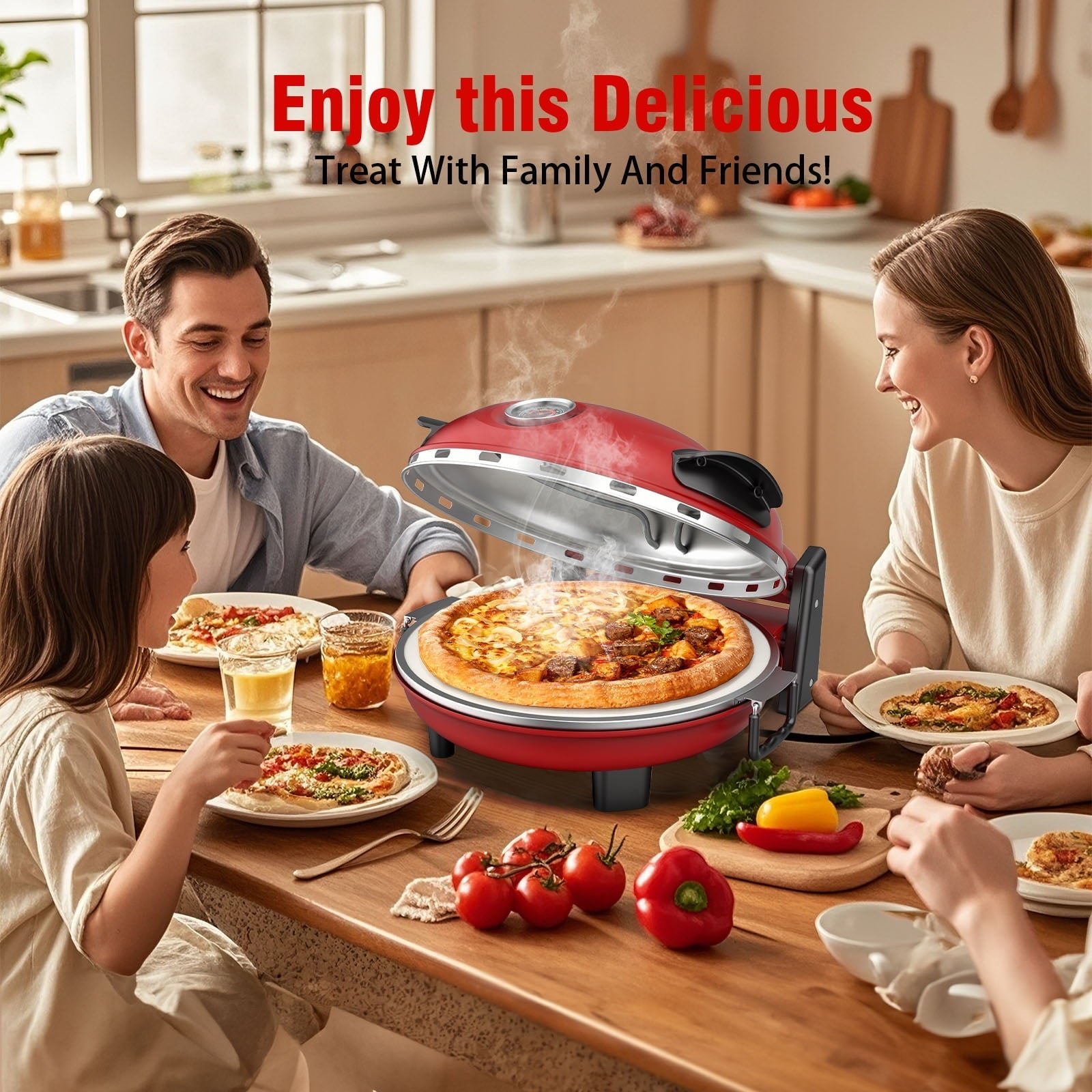 ONSON 12-Inch Pizza Maker with Ceramic Stone, Heats up to 800°F, Countertop Pizza Oven for Home, Red