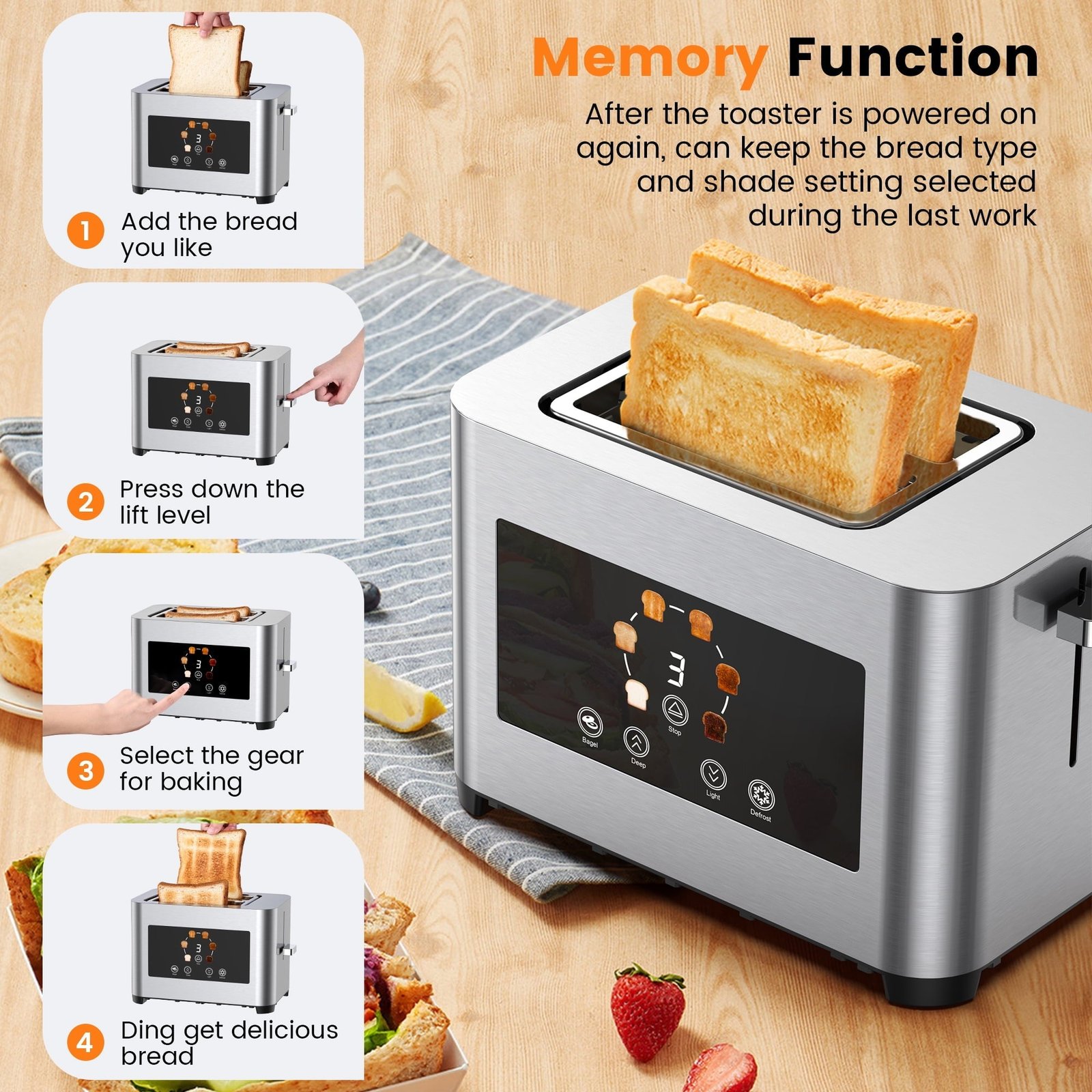 Suodoka Toaster 2 Slice Wide Slots Touchscreen 6 Shade Settings, Stainless Steel Bread Toaster with Reheat, Cancel, Defrost,New