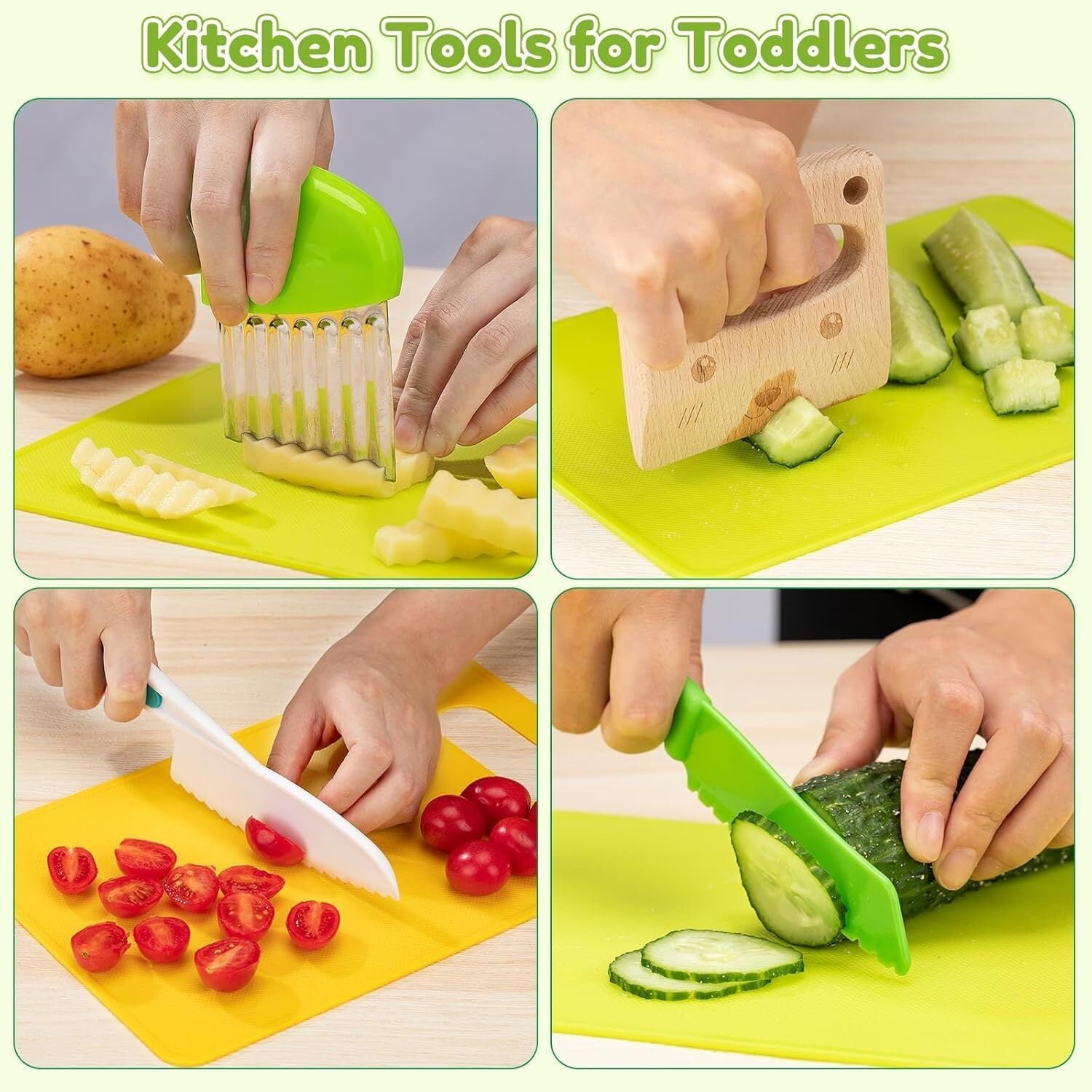 Montessori Kids Knives for Real Cooking, 13 Pieces Wooden Kids Kitchen Knife Set Include 4 Serrated Edges Plastic Toddler Knife,Crinkle Cutter Y Peeler Cutting Boards and Wood Toddler Safe Knife