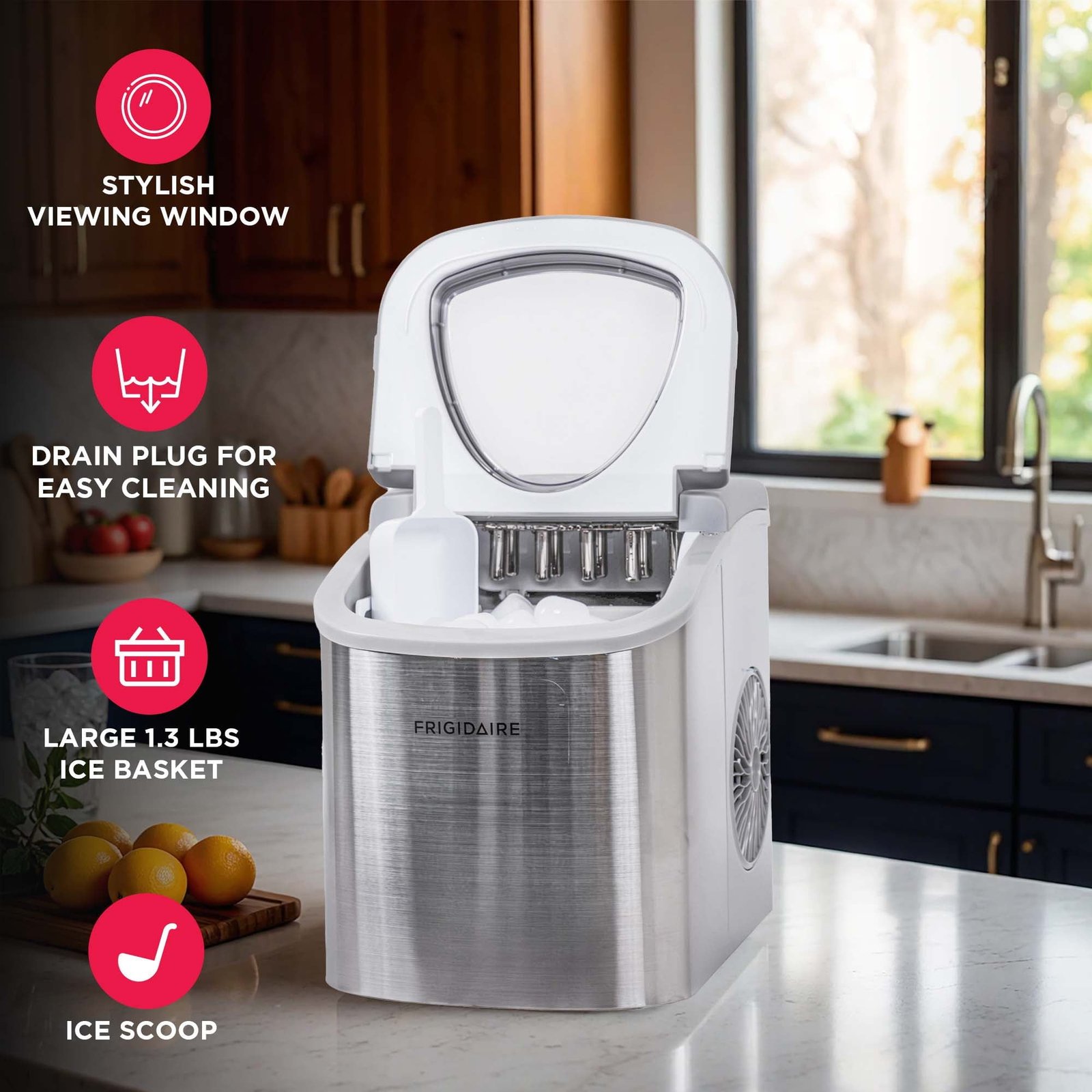 Frigidaire 26 lbs. Ice Maker, Bullet-Shaped Ice, Stainless Steel