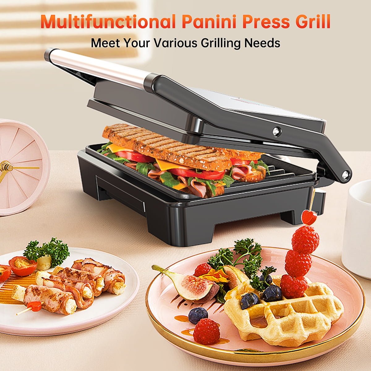 GPED Panini Press Grill, Stainless Steel Sandwich Maker with Double Non-Stick Coated Plates & Removable Drip Tray, 10.6" W x 8.7" H x 3.5" D