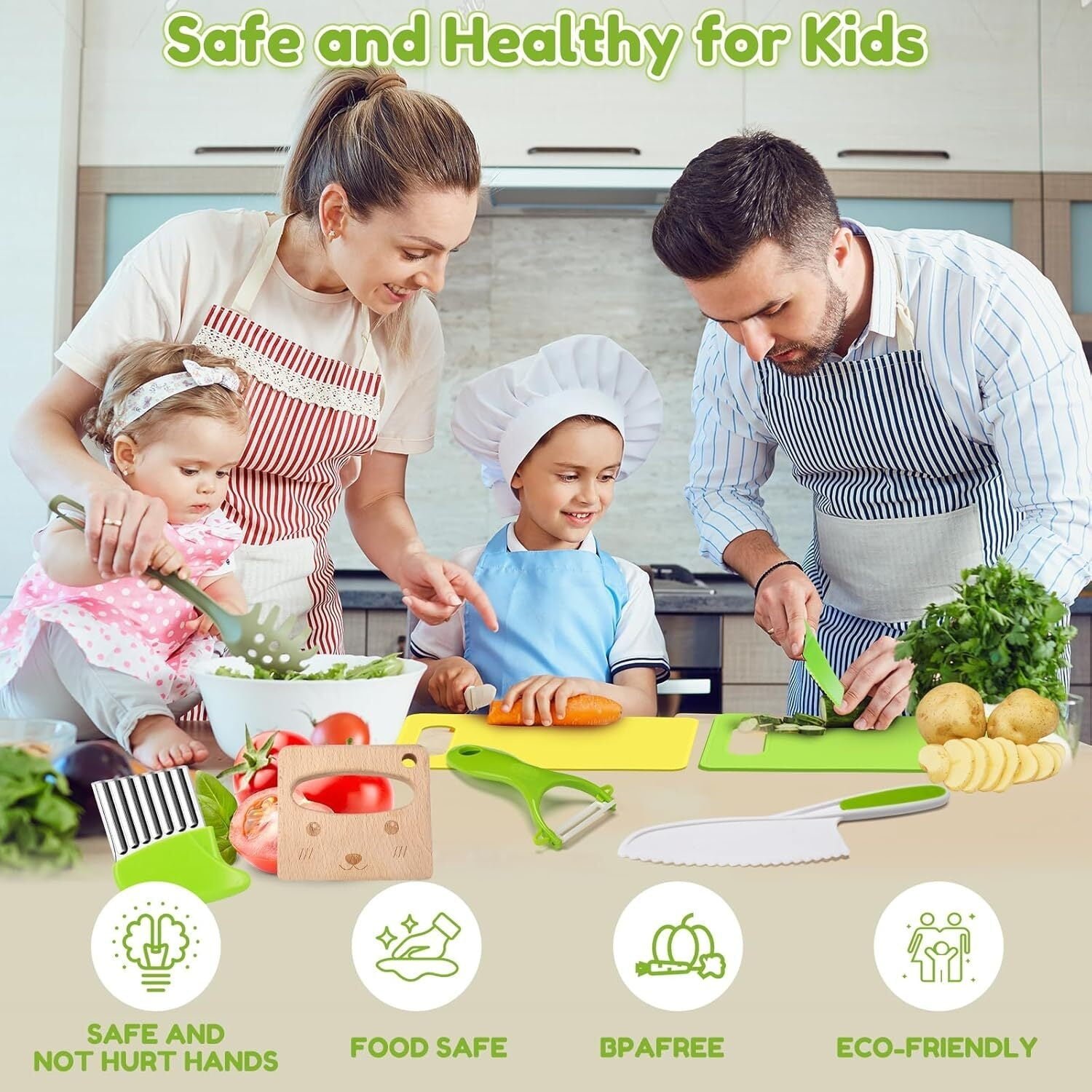 Montessori Kids Knives for Real Cooking, 13 Pieces Wooden Kids Kitchen Knife Set Include 4 Serrated Edges Plastic Toddler Knife,Crinkle Cutter Y Peeler Cutting Boards and Wood Toddler Safe Knife